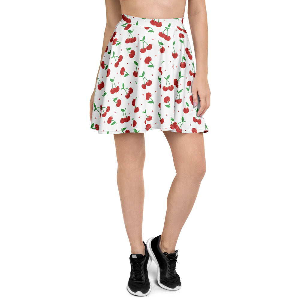 Women’s white cherry skater skirt with red cherry pattern flowy high waisted made from recycled fabric with upf 50+
