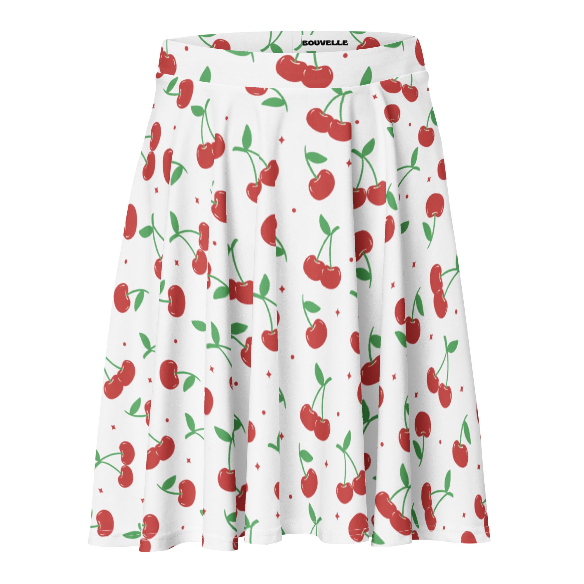 Women’s white cherry skater skirt with playful red green print small diamond accents flowy high waisted recycled fabric upf 50+