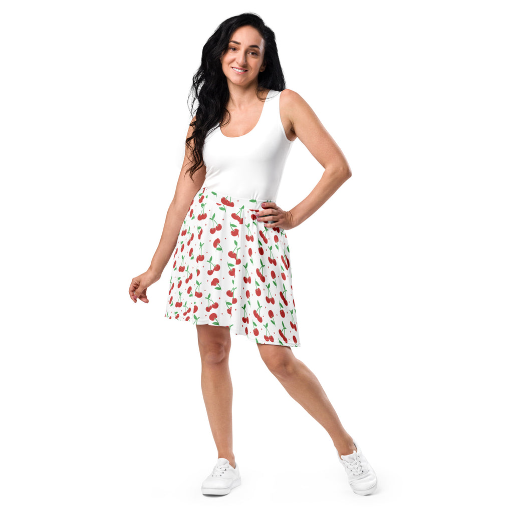 Women’s white cherry skater skirt with playful red cherries green stems flowy high waisted upf 50 recycled fabric