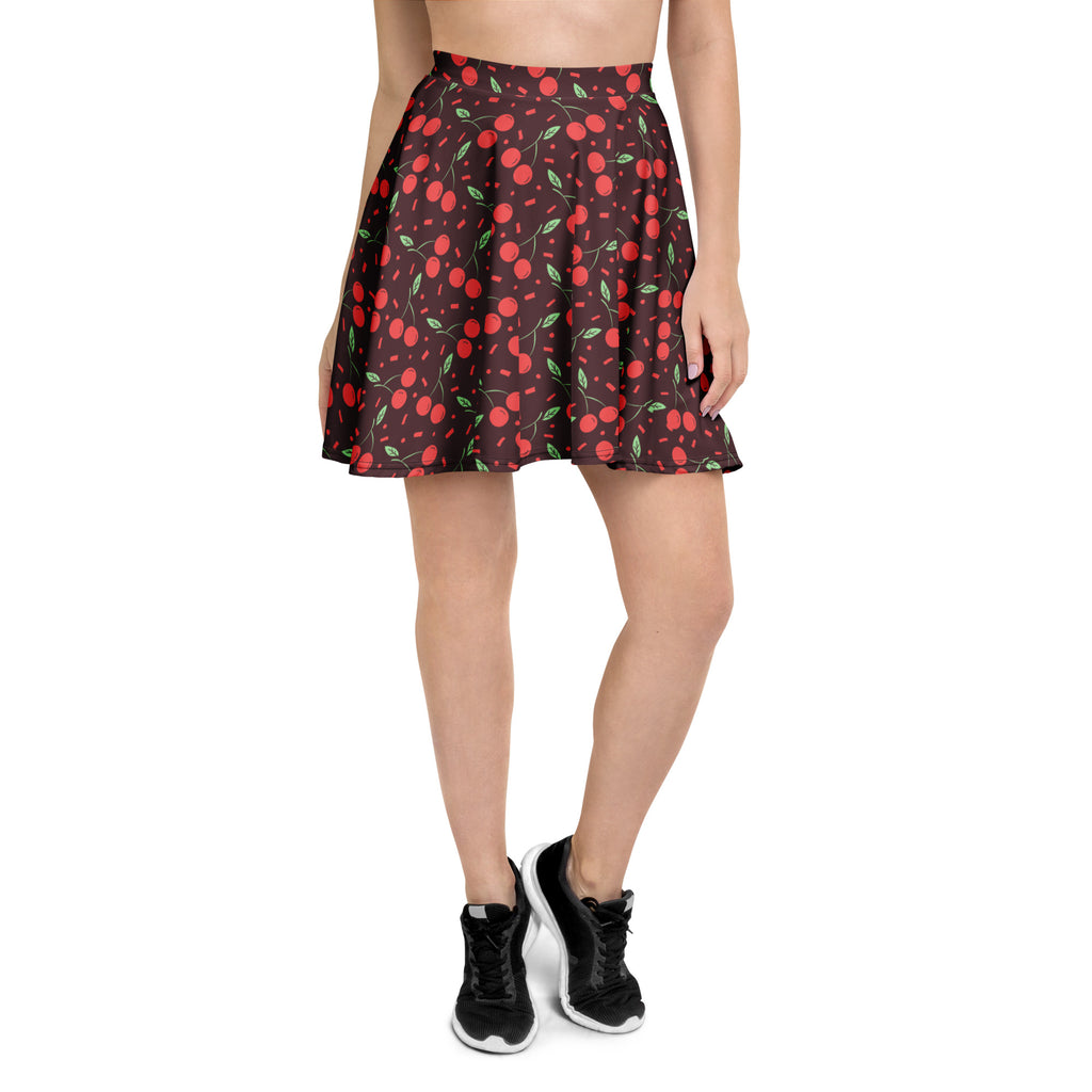 Women’s dark cherry skater skirt with flared silhouette dark brown base vibrant red cherry pattern and recycled fabric