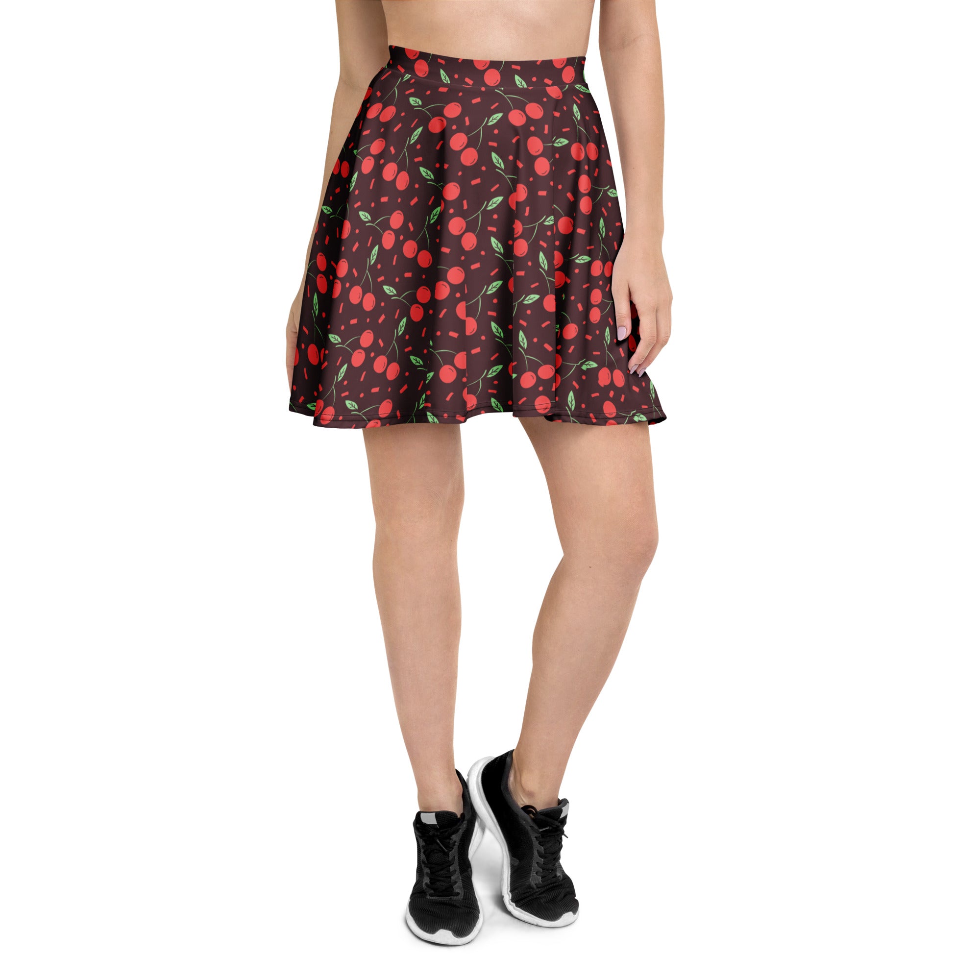 Women’s dark cherry skater skirt with flared silhouette dark brown base vibrant red cherry pattern and recycled fabric