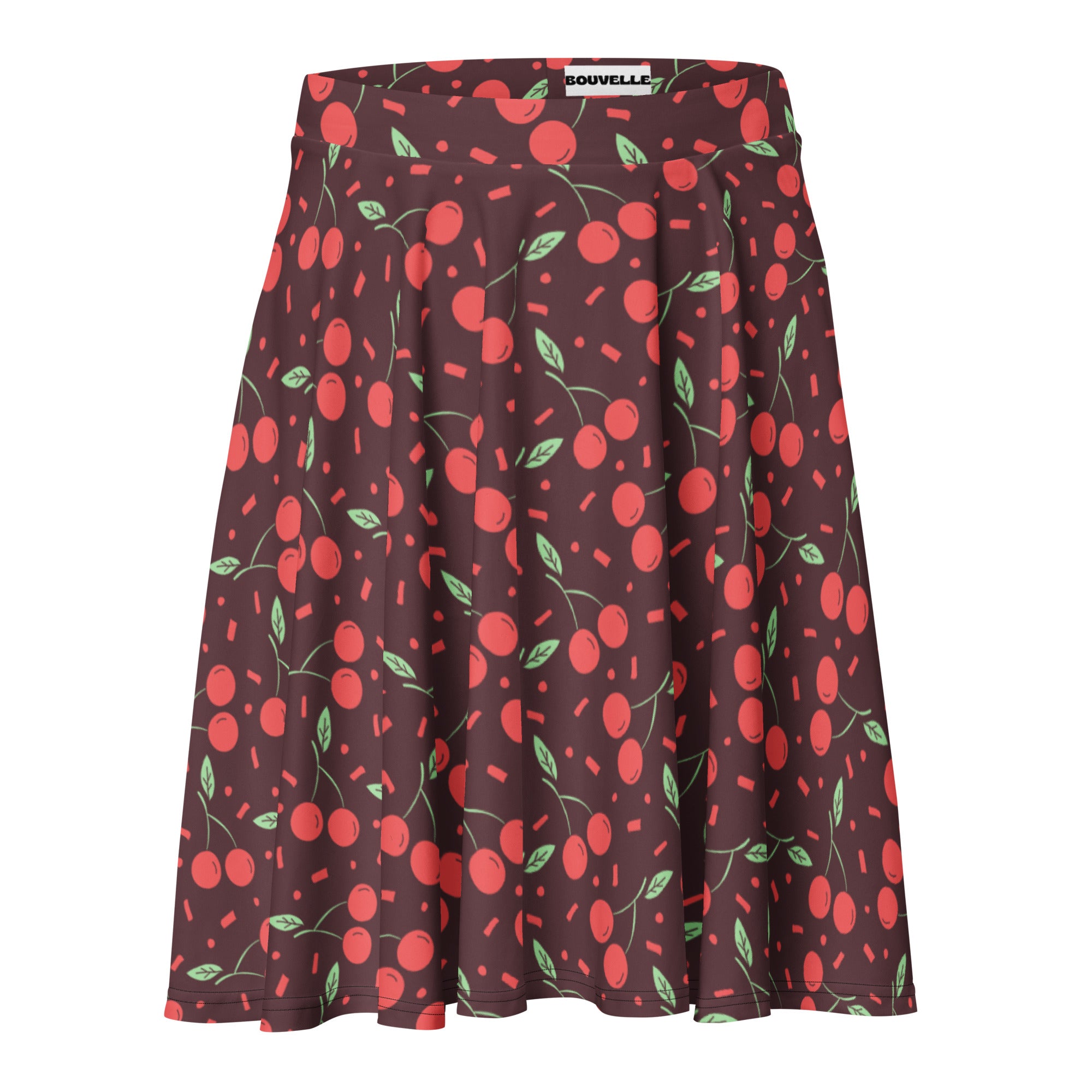 Women’s dark cherry skater skirt with cherry print pleats made from recycled fabric and upf 50 plus protection