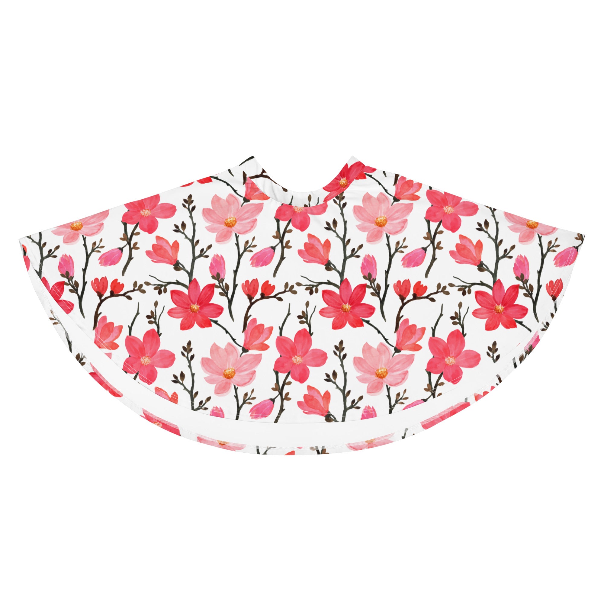 White cape with vibrant pink and red floral pattern on dark stems made from recycled fabric with upf 50+ protection