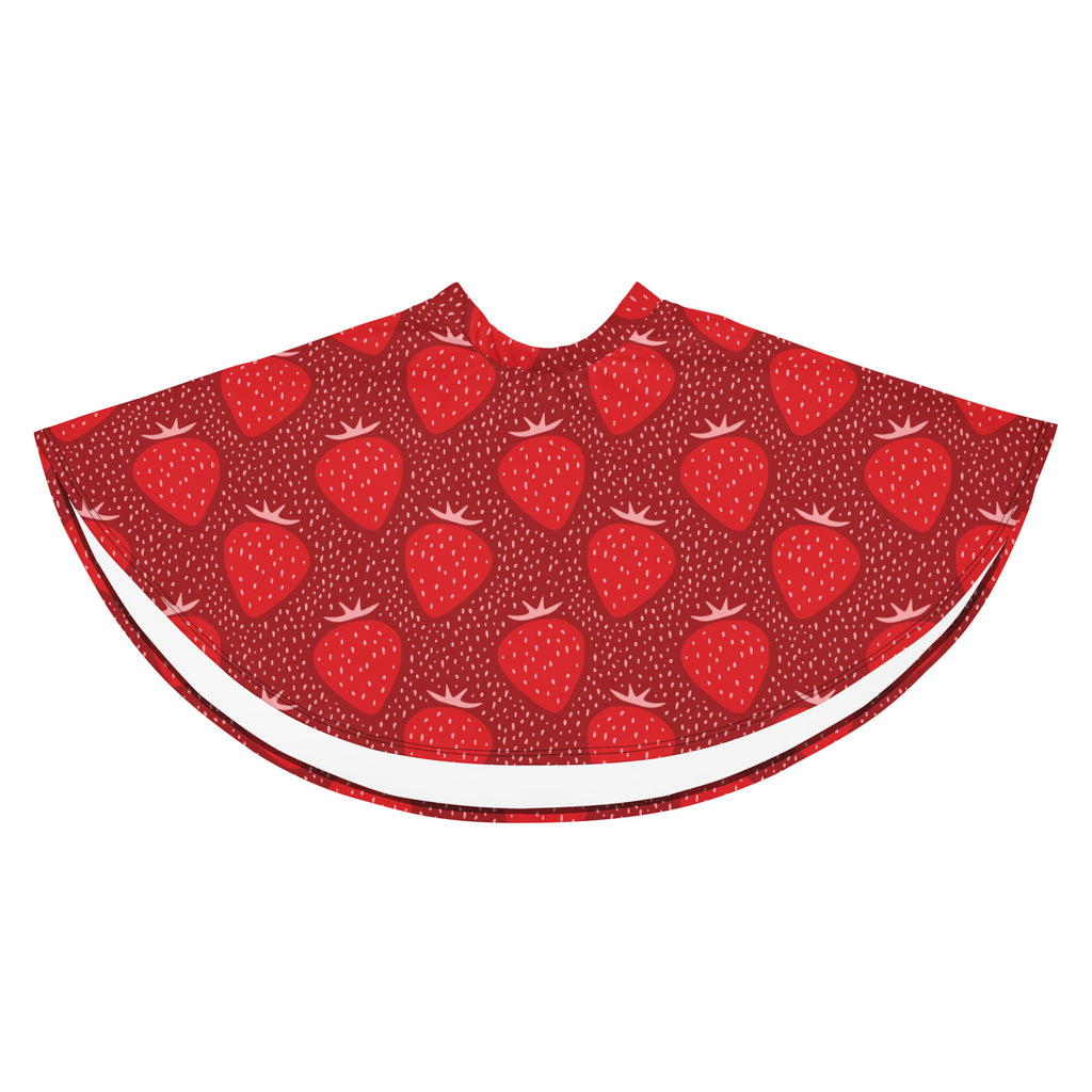 Red strawberry patterned children’s cape with white trim paired with women’s strawberry floral skater skirt flowy high waisted with upf 50 and recycled fabric