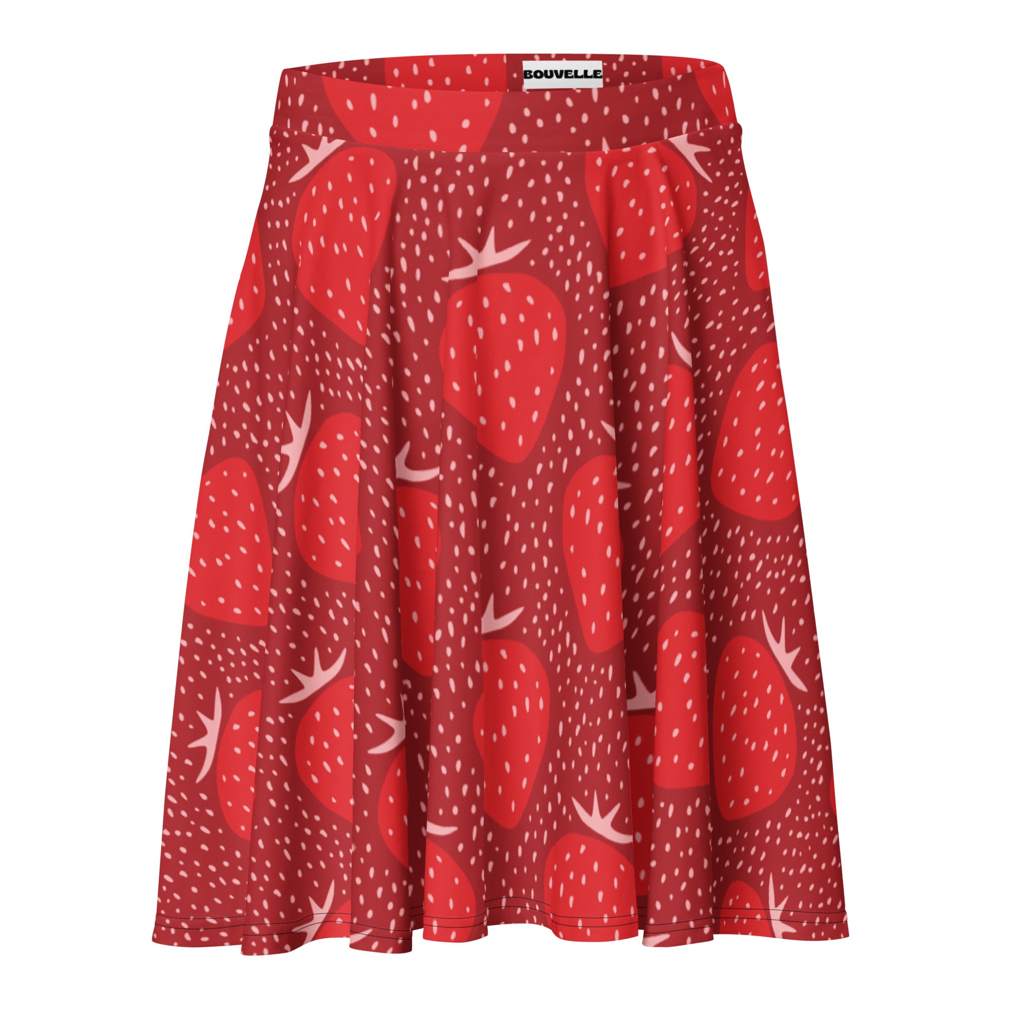 A vibrant red souvelle women’s strawberry floral skater skirt with oversized strawberry print and recycled fabric