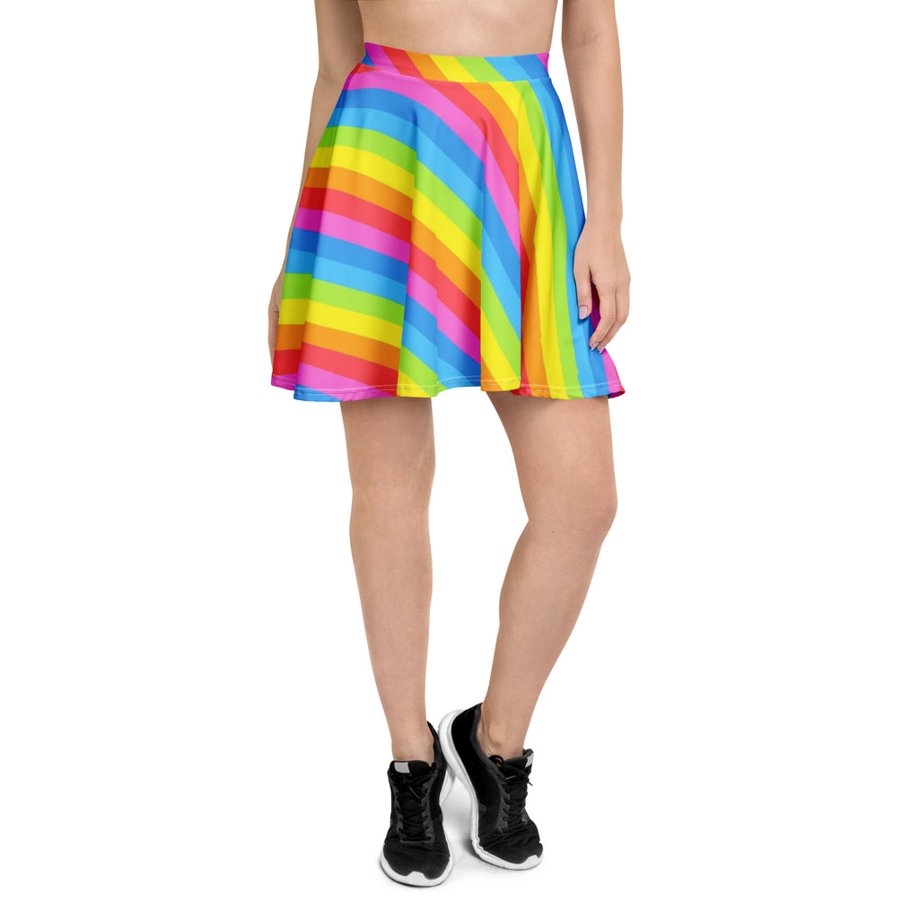 Women’s rainbow stripe skater skirt with vibrant pleated diagonal stripes high waisted flowy recycled fabric upf 50+
