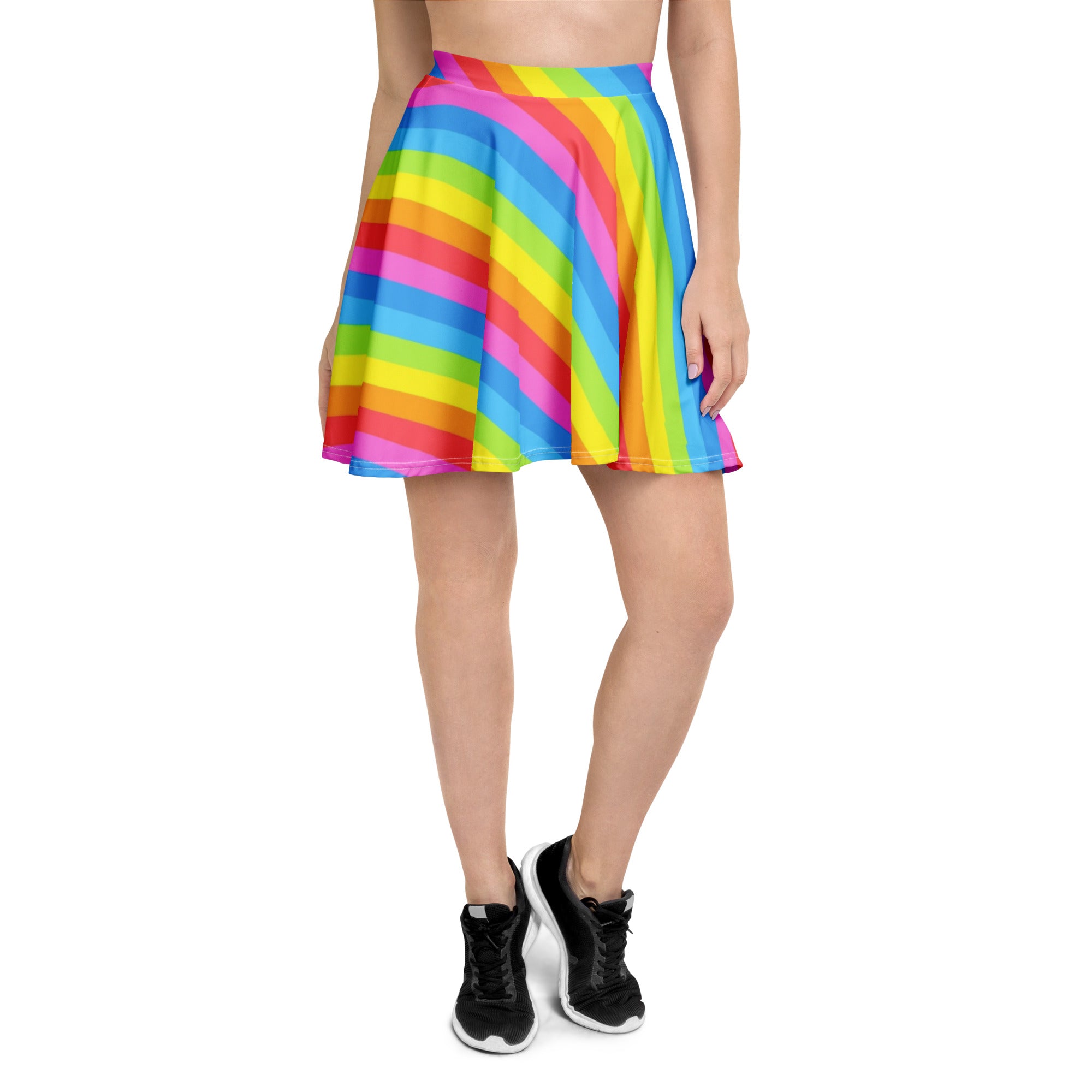 Women’s rainbow stripe skater skirt with vibrant pleated diagonal stripes high waisted flowy recycled fabric upf 50+