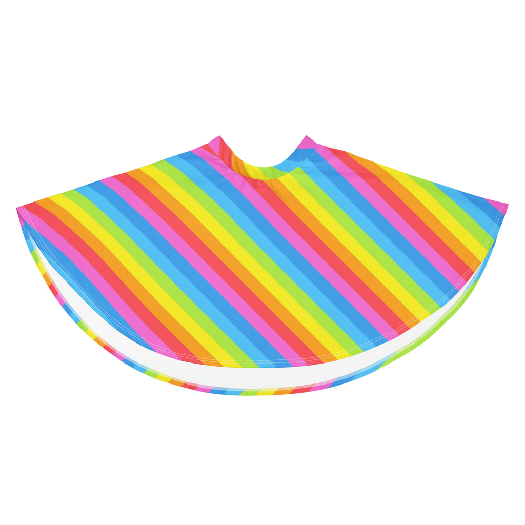 A vibrant rainbow stripe skater skirt with diagonal pink blue yellow and green stripes made from recycled fabric with upf 50+