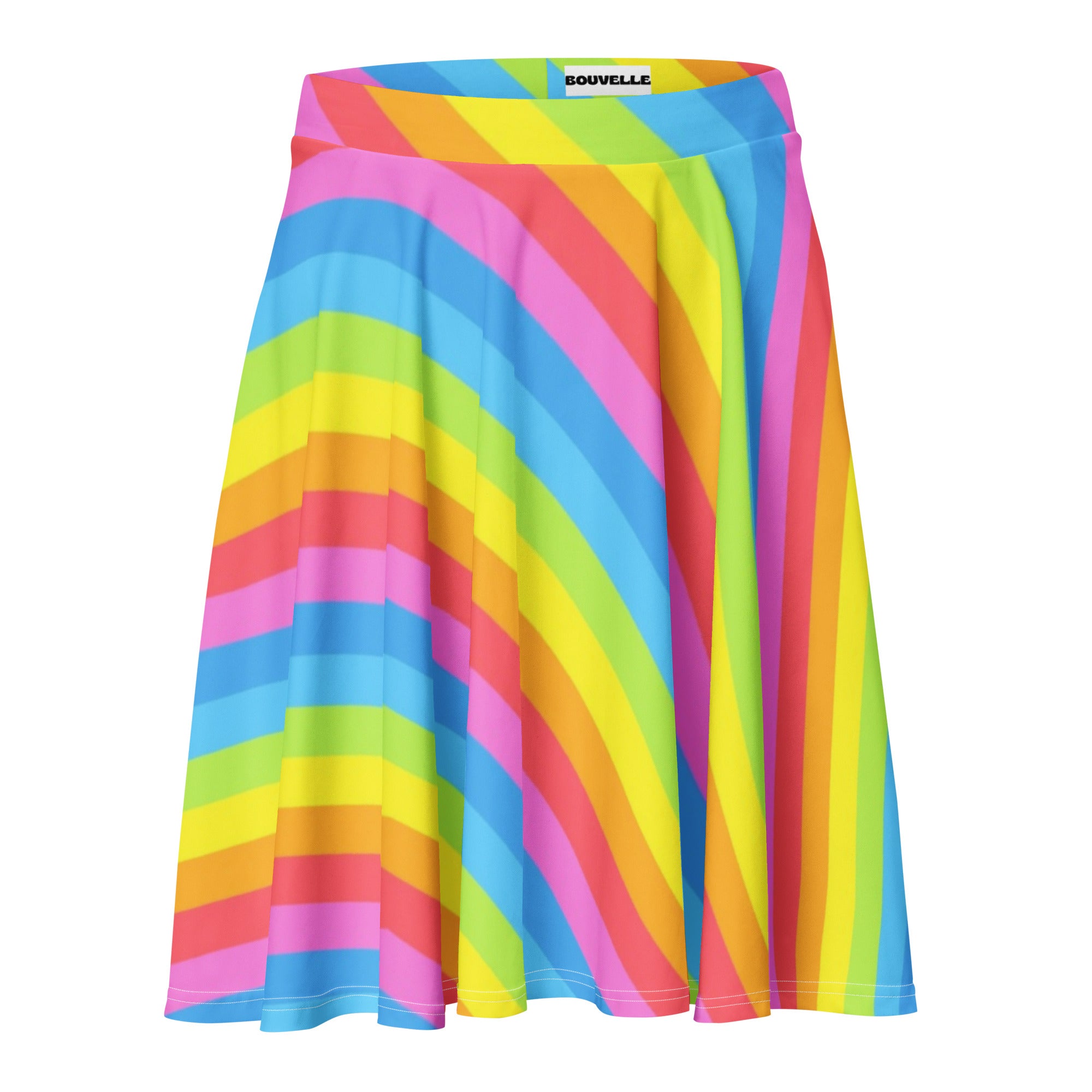A vibrant rainbow stripe a-line skirt by bouvelle with bold pink blue yellow and green diagonal stripes on soft fabric