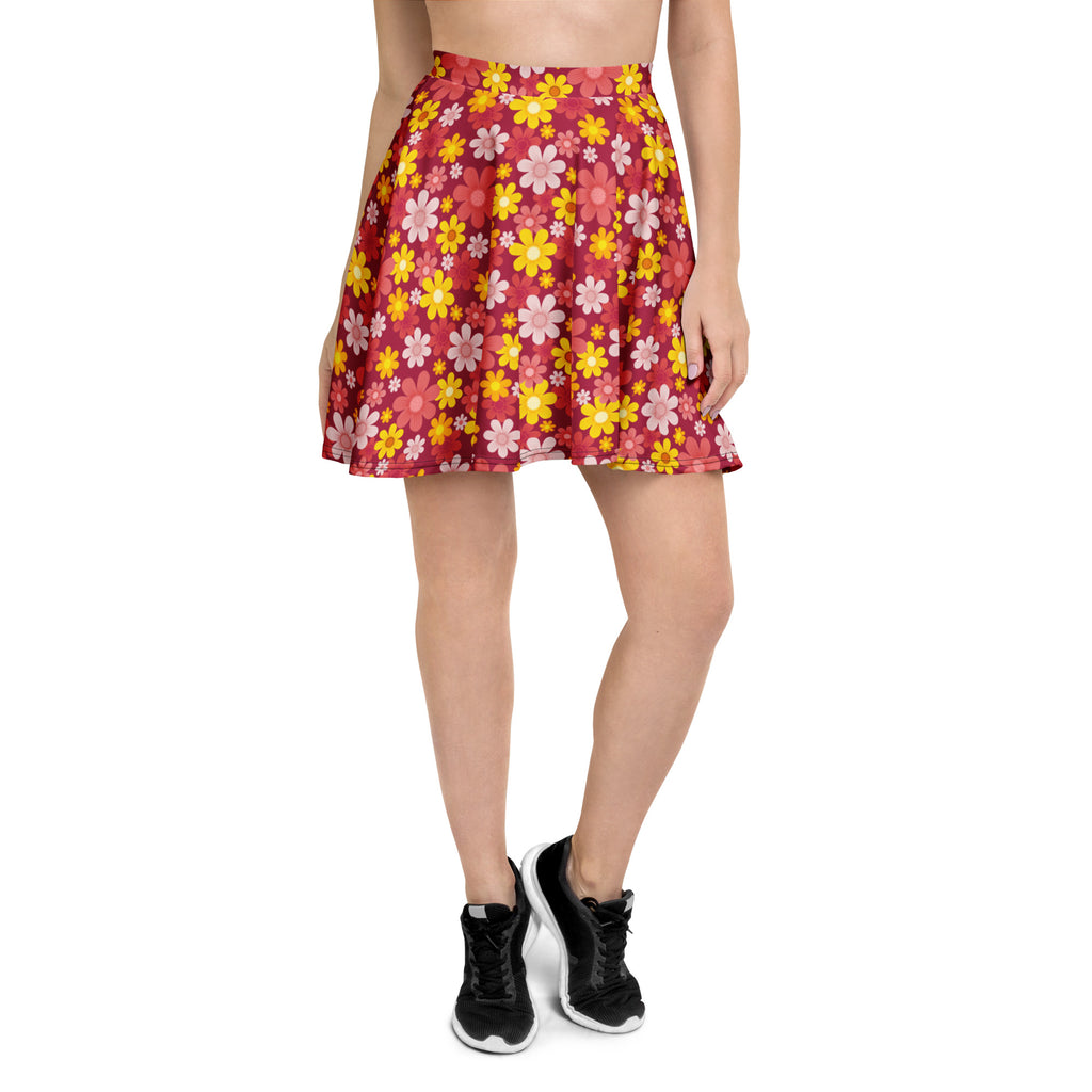 Women’s red retro floral skater skirt with flared flowy high waisted design in recycled fabric with upf 50+ protection