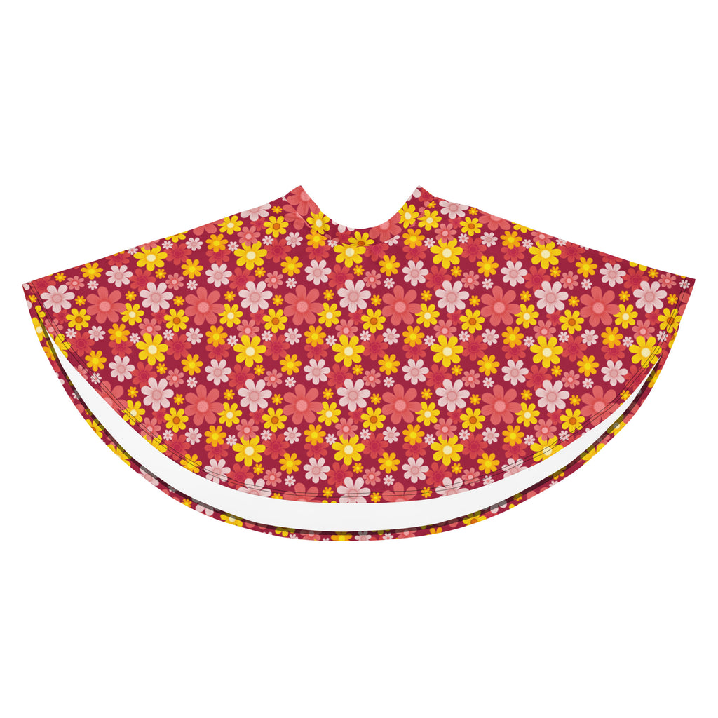 Women’s red retro floral skater skirt with vibrant yellow pink flowers white lining flowy high waisted upf 50 recycled fabric