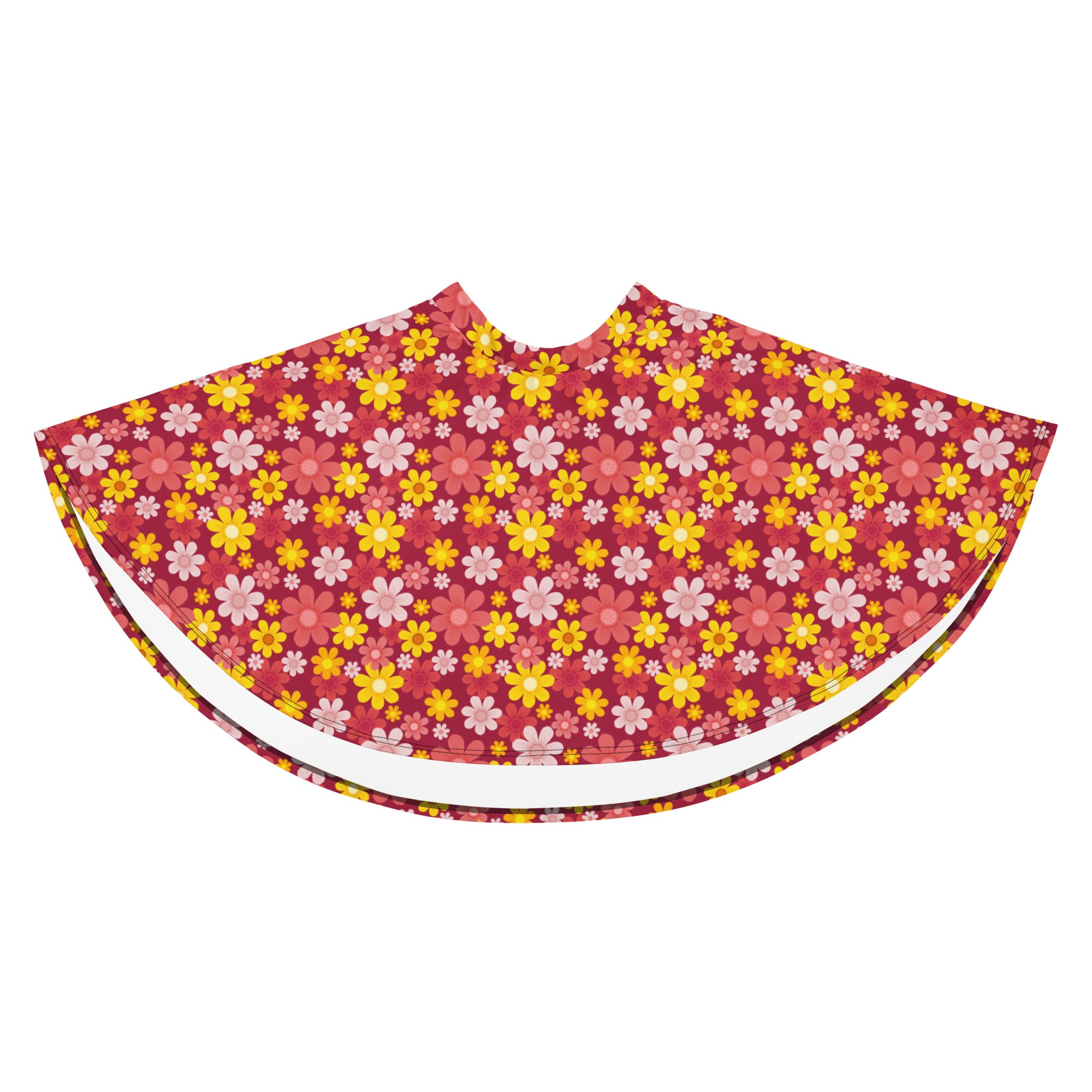 Women’s red retro floral skater skirt with vibrant yellow pink flowers white lining flowy high waisted upf 50 recycled fabric