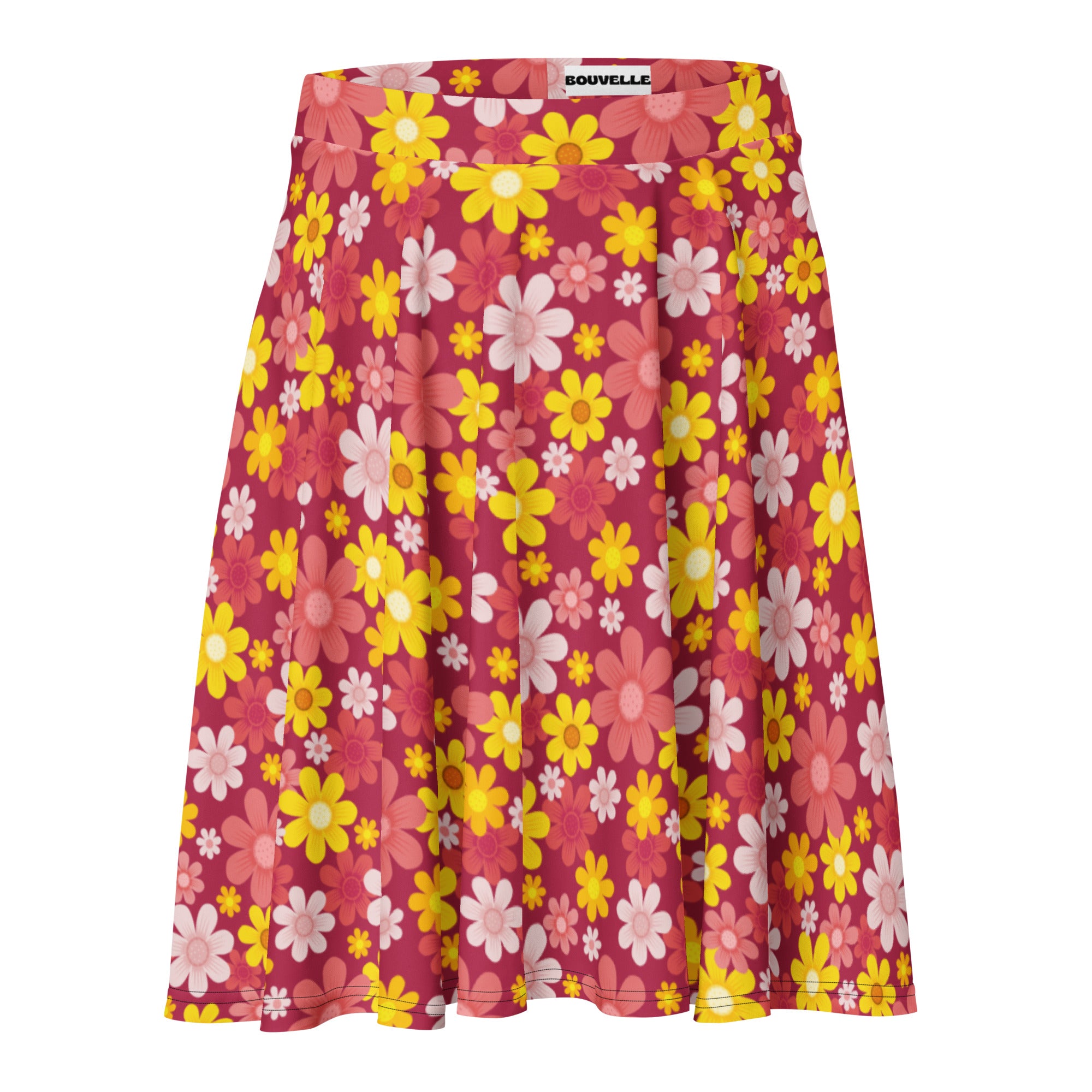 Women’s red retro floral skater skirt with vibrant pink pleats, yellow white flowers, high waisted, flowy, UPF 50+, recycled fabric