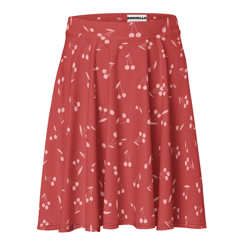 A red cherry-print a-line skirt by souvelle with flowy high waist upf 50 plus and recycled fabric