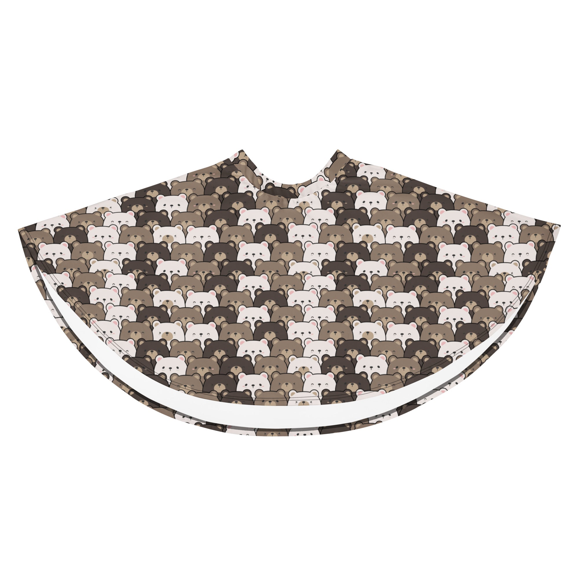 A white and brown bear patterned barber cape with soft fabric texture paired with a womens cute bear skater skirt