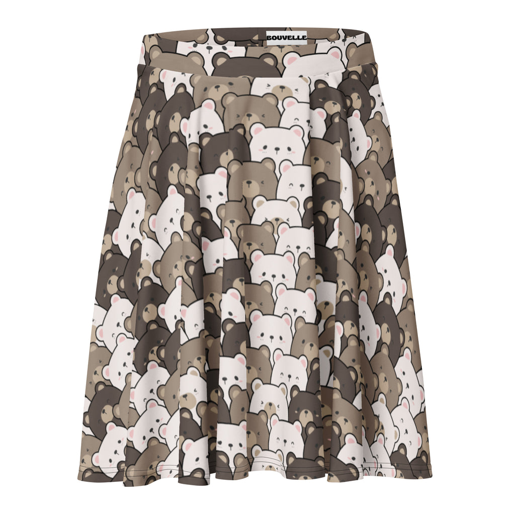 Pleated women’s cute bear skater skirt with cartoon bear pattern high waisted flowy upf 50 plus recycled fabric by bouvelle