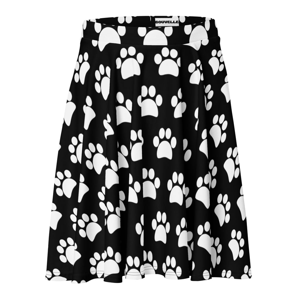 Women’s black pleated paw print skater skirt with high waist upf 50+ recycled fabric branded souvelle waistband