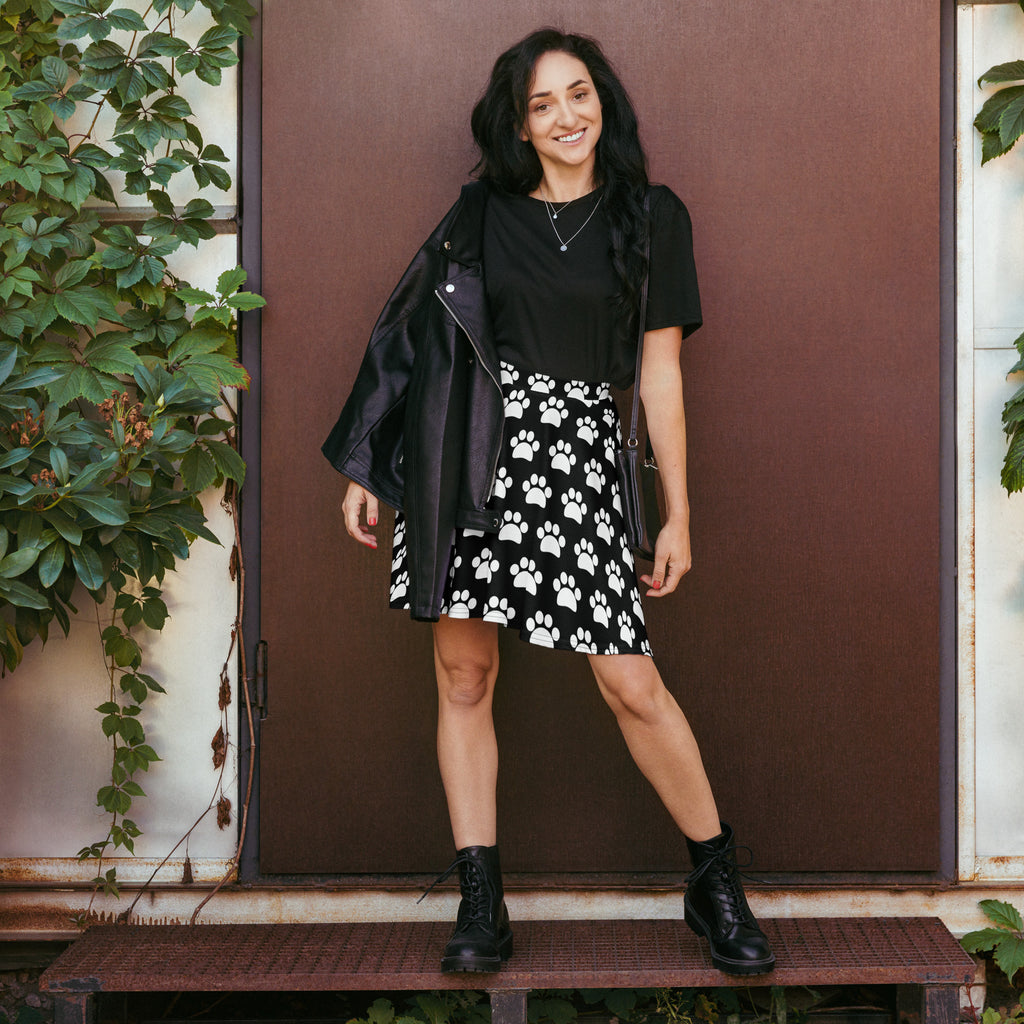 Women’s black and white paw print skater skirt flowy high waisted with upf 50 plus made from recycled fabric
