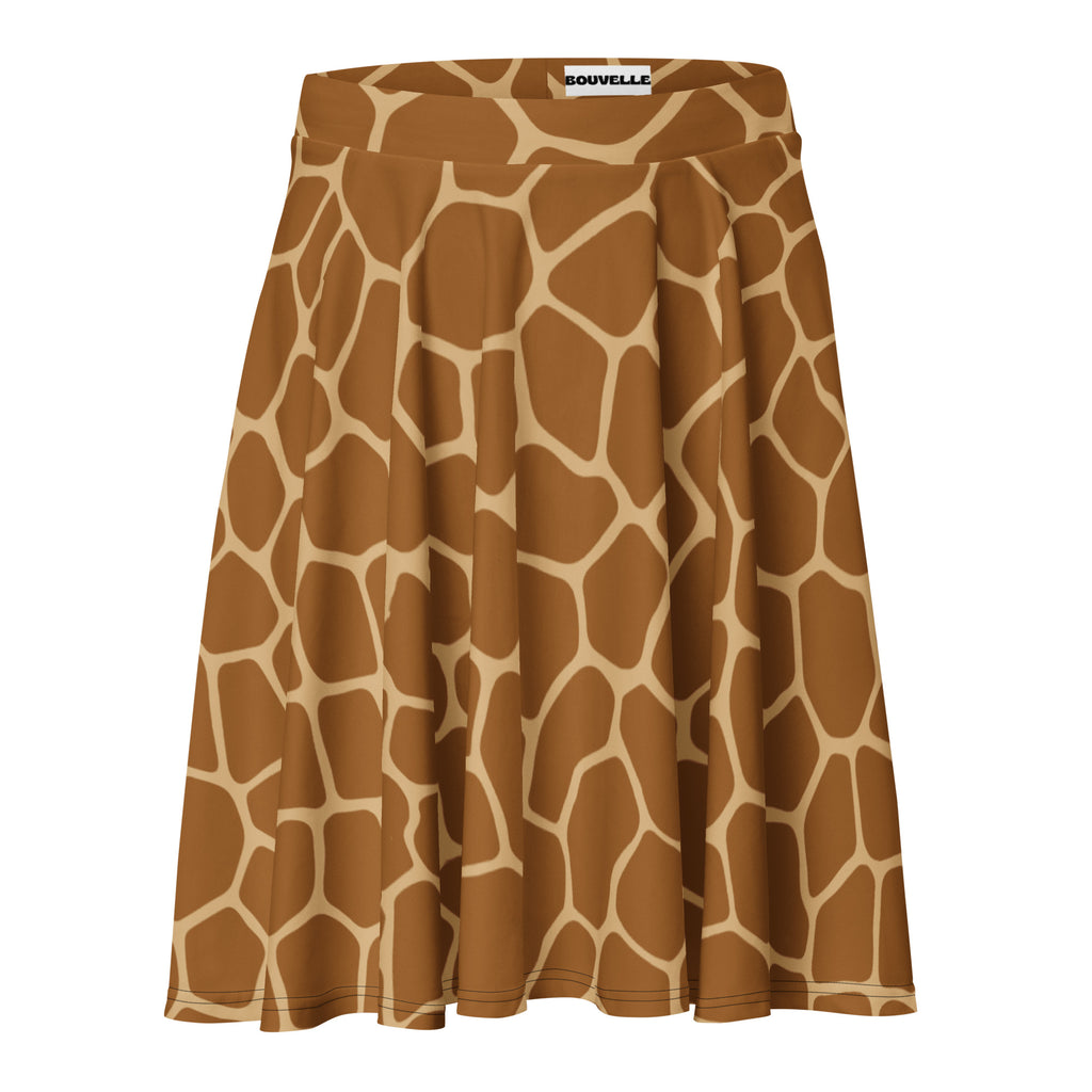 Pleated giraffe print skater skirt in tan and brown high waisted with souvelle label made from recycled fabric with upf 50+