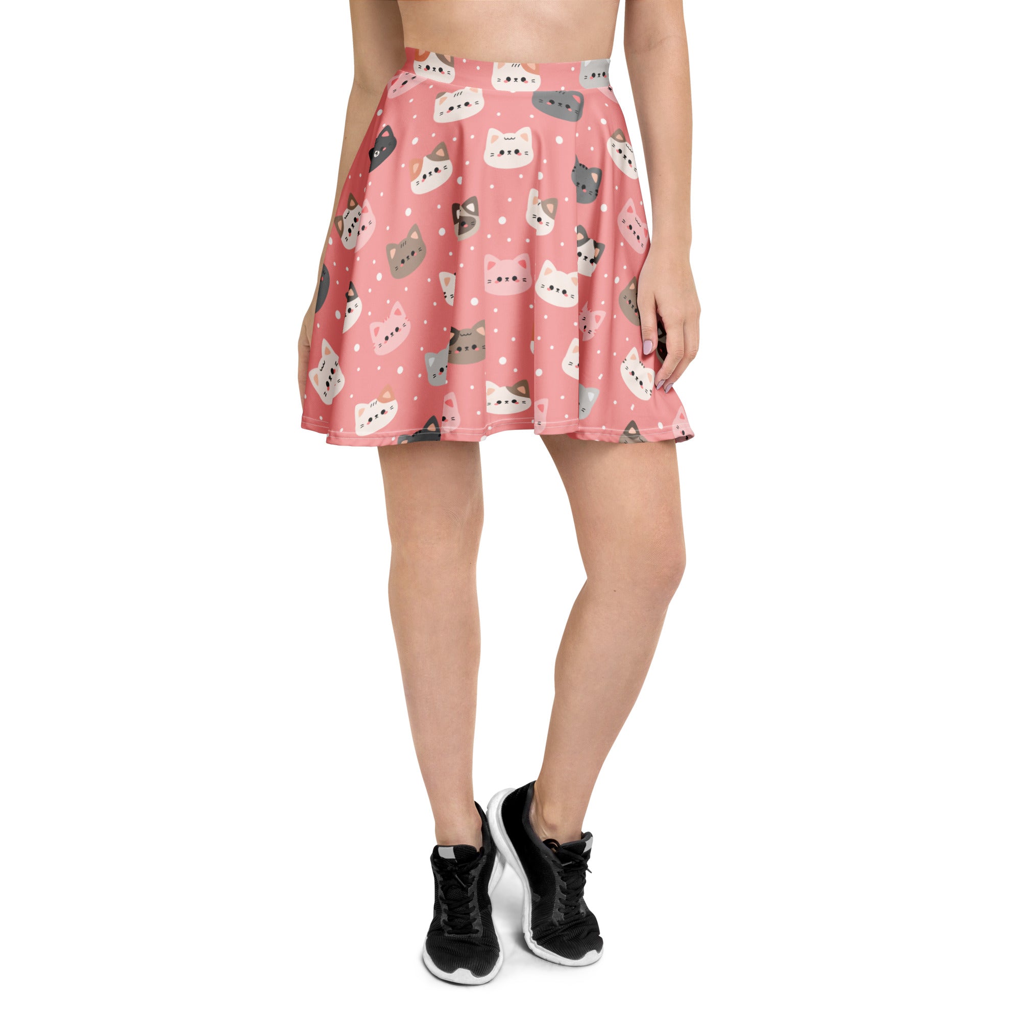 Women’s cute pink cat faces skater skirt with playful cartoon cat pattern flowy high waisted recycled fabric upf 50+