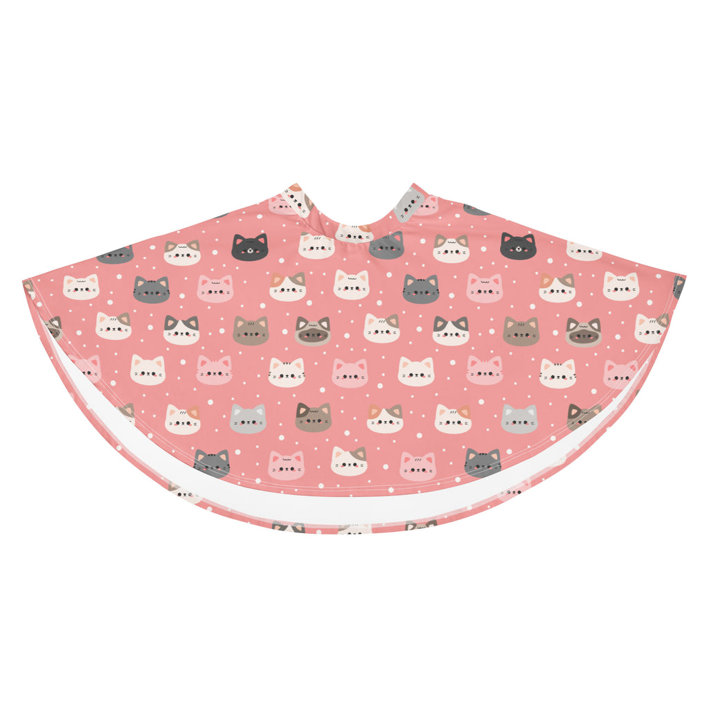 Pink cat themed cape with white lining featuring colorful cartoon cats in a flowy high waisted recycled fabric design