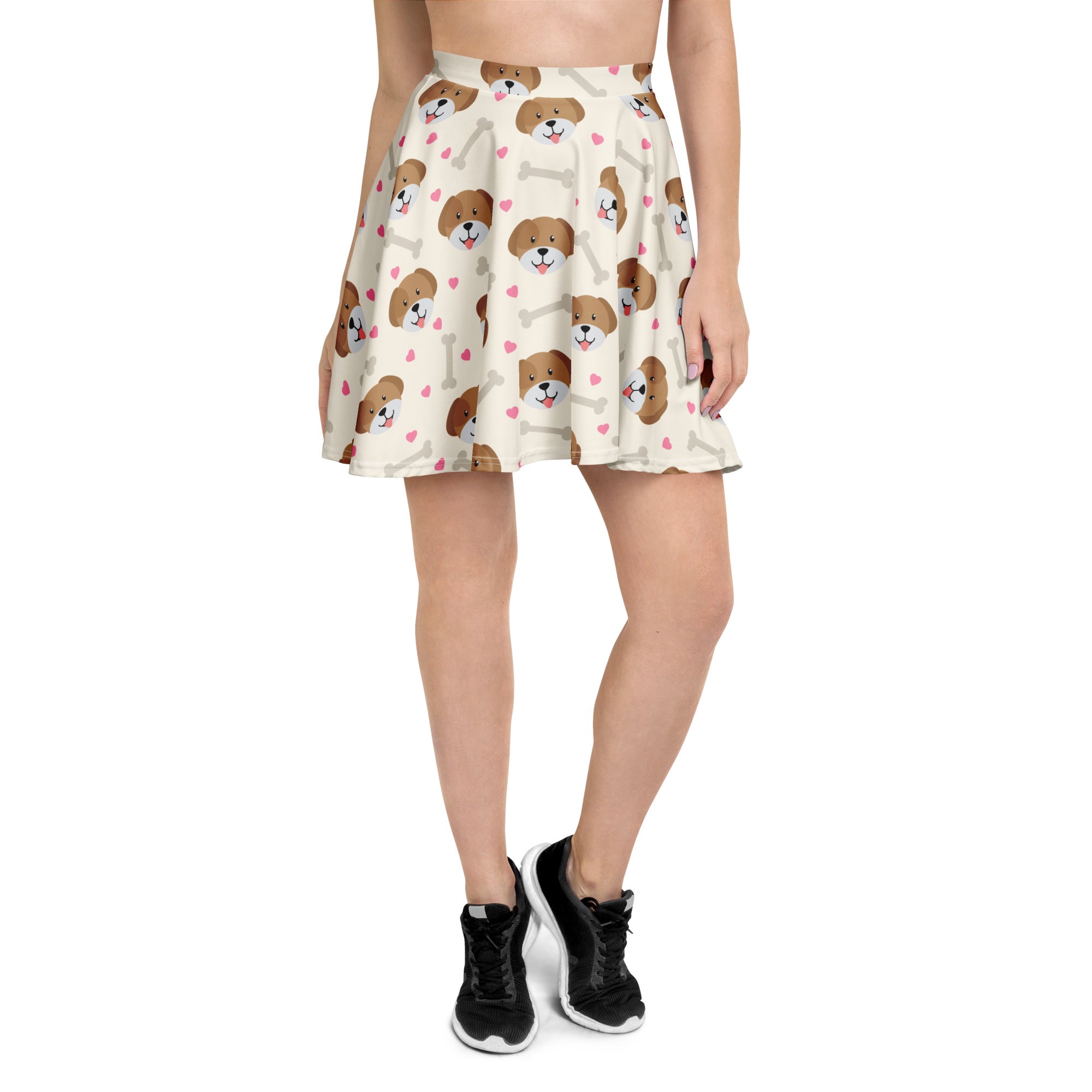 Women’s cute dog print skater skirt with playful puppy faces pink hearts white bones on off-white recycled fabric