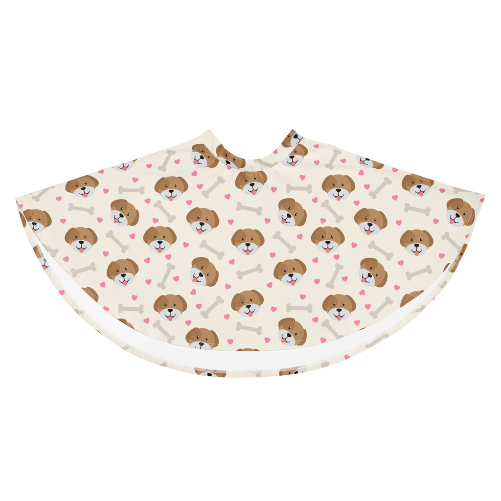 A cream-colored barber cape with brown puppy faces pink hearts and gray bones matching the women’s cute dog print skater skirt