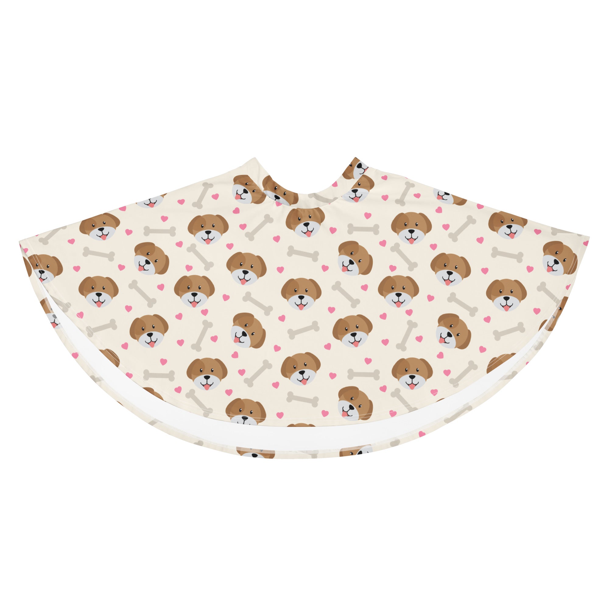 A cream-colored barber cape with brown puppy faces pink hearts and gray bones matching the women’s cute dog print skater skirt