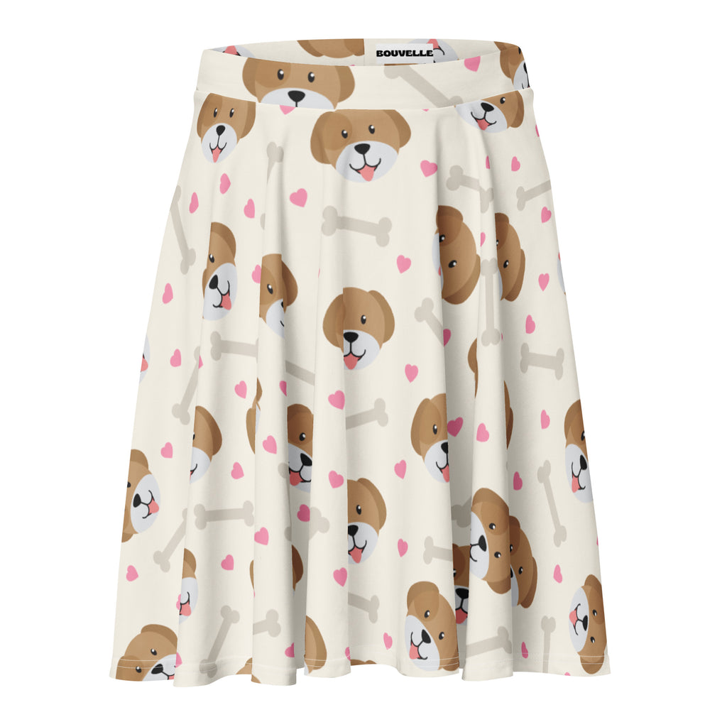 Women’s cute dog print skater skirt in cream with brown dog faces pink hearts white bones flowy high waisted upf 50+ recycled fabric