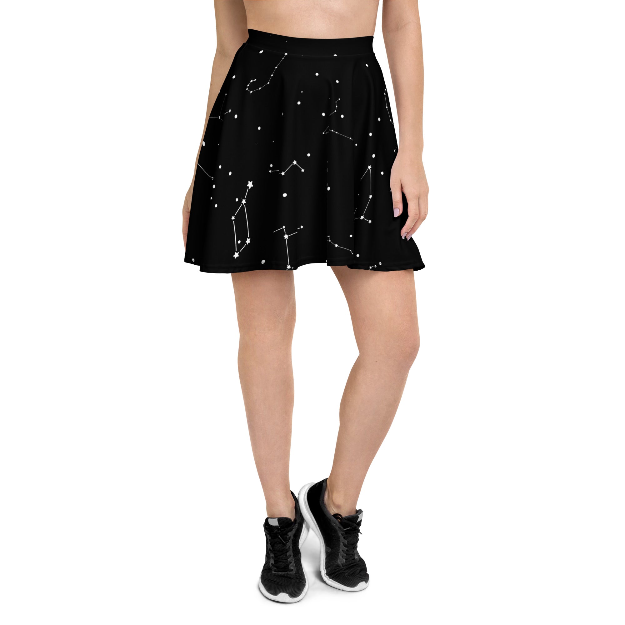 Black a-line skirt with white star constellation pattern made from recycled fabric featuring upf 50 plus protection