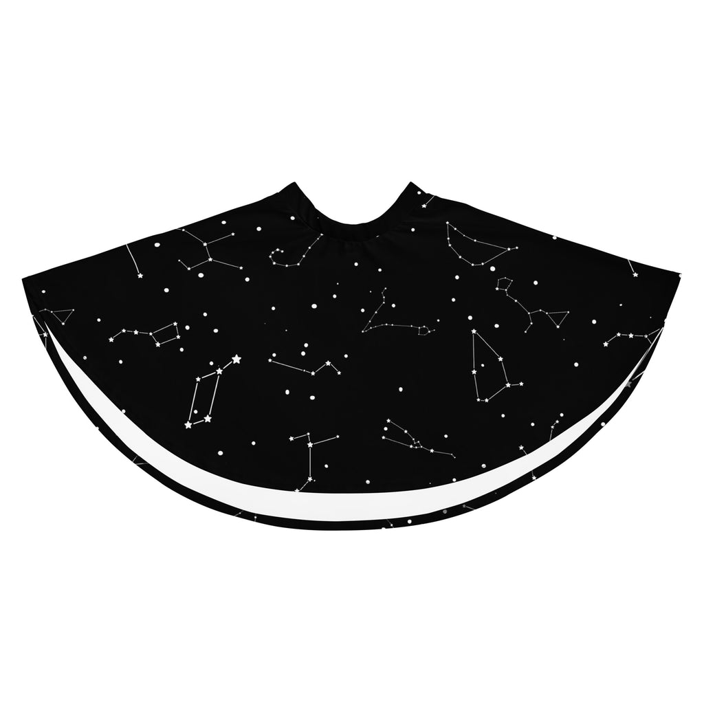 Black cape with white star and constellation patterns featuring flowy design and recycled fabric for women