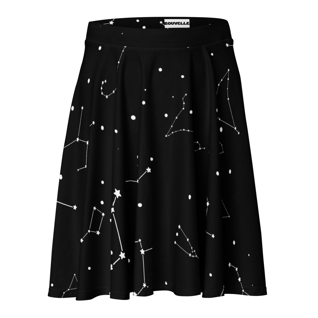 Black pleated women’s skater skirt with white constellation print high waisted flowy upf 50 plus recycled fabric souvelle