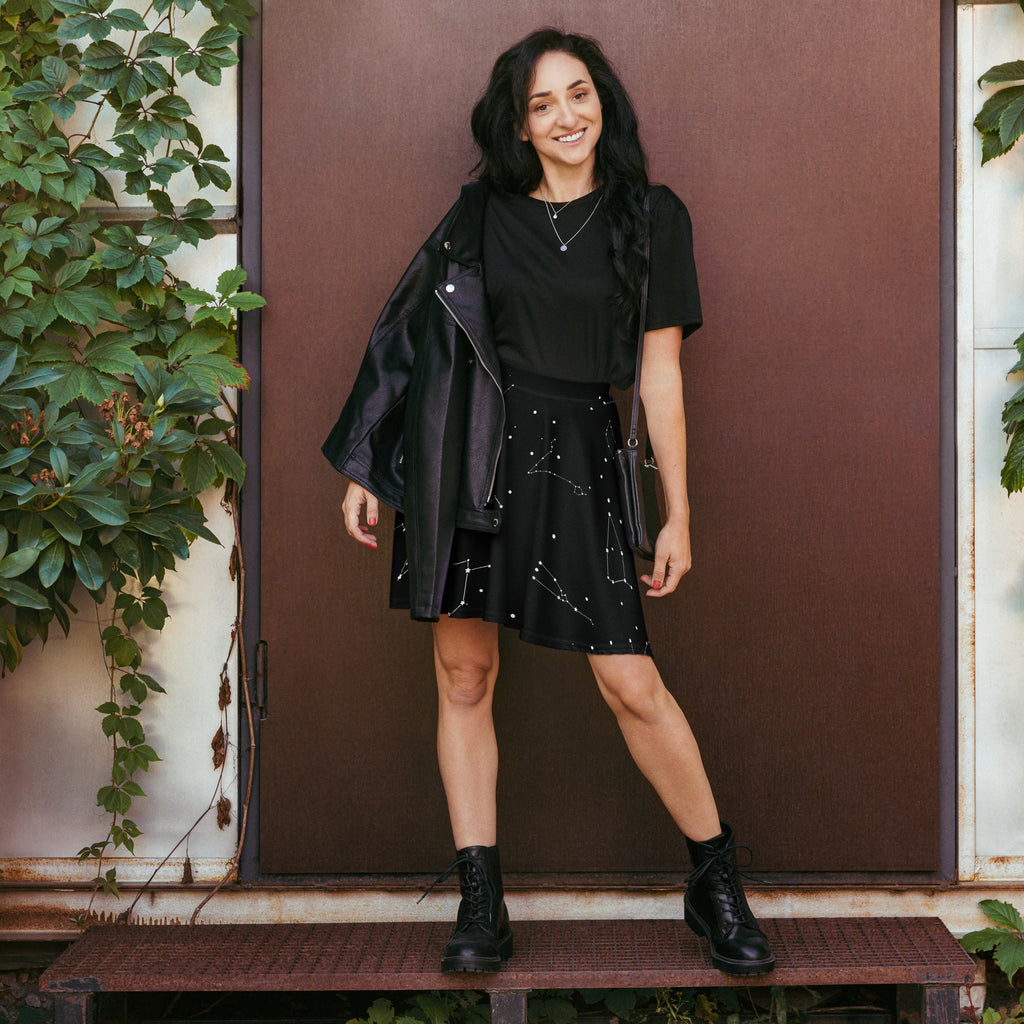 Black mini skater skirt with silver constellation embroidery high waisted flowy recycled fabric with upf 50+ protection