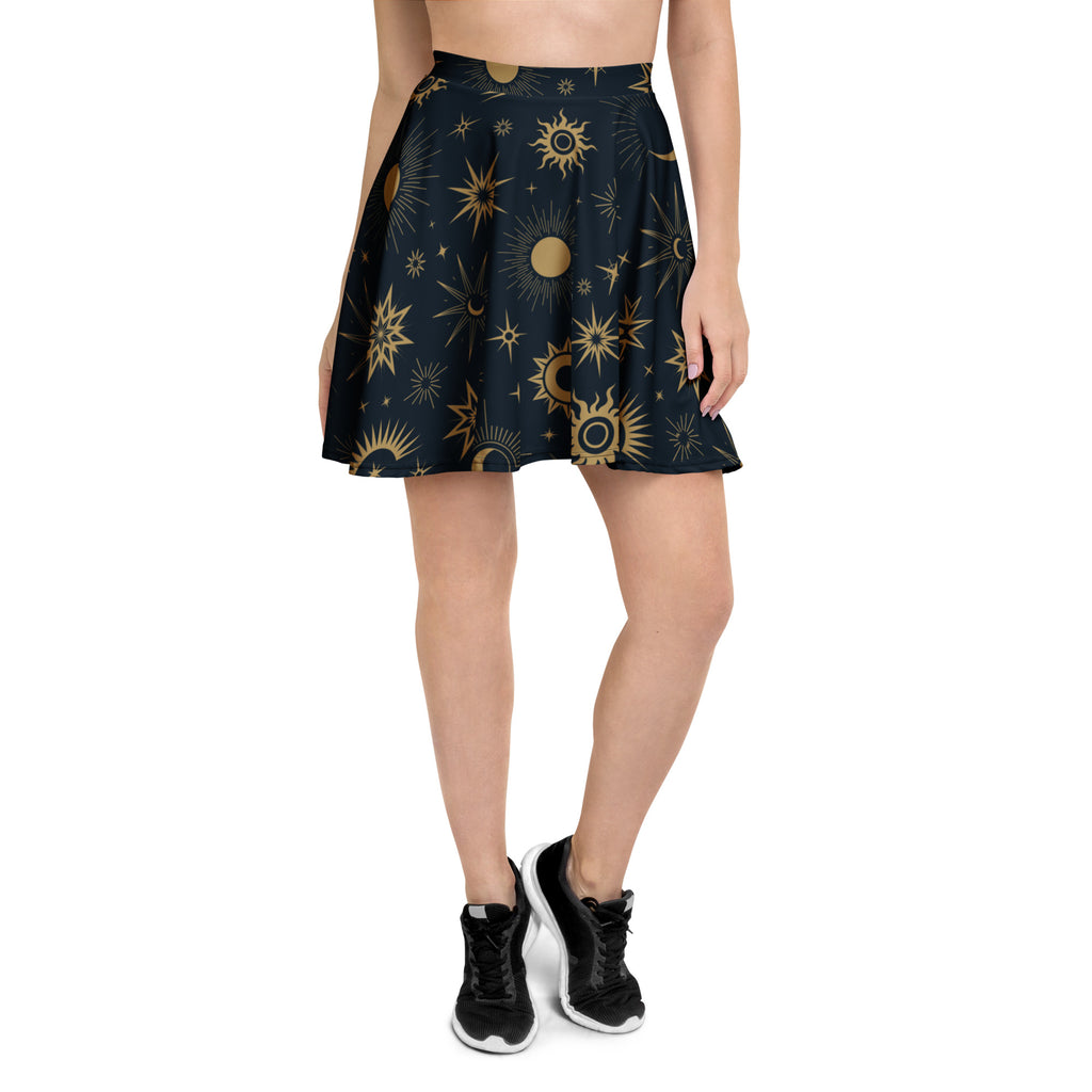 Women’s navy blue celestial sun and moon skater skirt with gold pattern flowy high waisted recycled fabric upf 50+