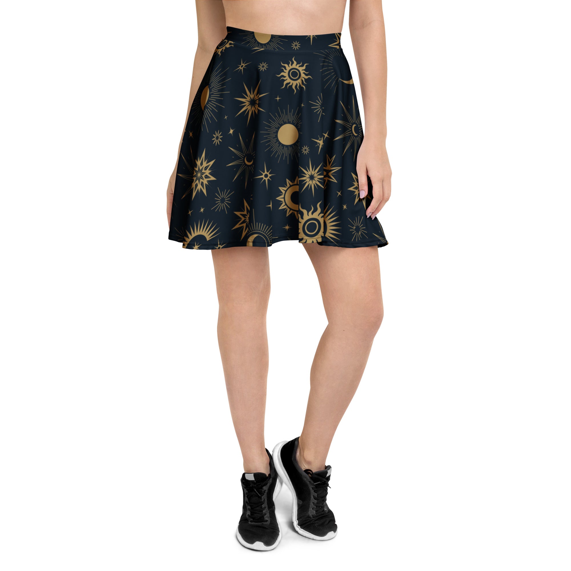 Women’s navy blue celestial sun and moon skater skirt with gold pattern flowy high waisted recycled fabric upf 50+