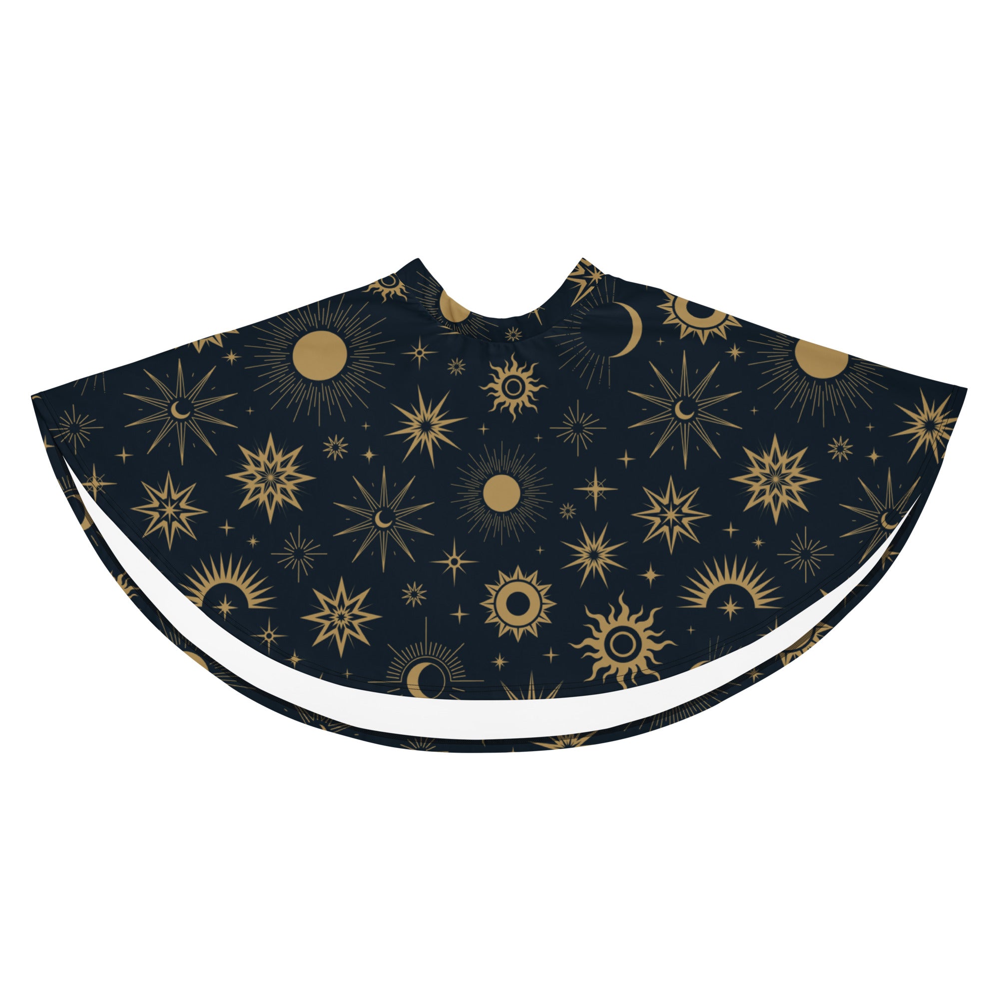 A navy blue barber cape with intricate gold celestial sun moon and star patterns matching womens celestial sun and moon skater skirt