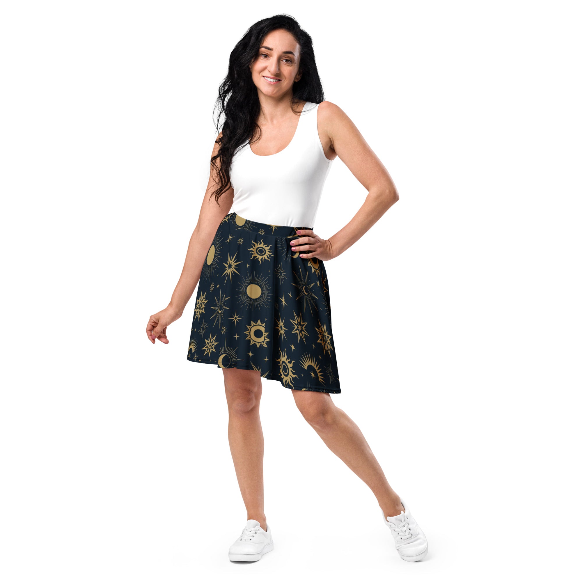 A navy blue women’s celestial sun and moon skater skirt with flowy high waist upf 50+ and recycled fabric