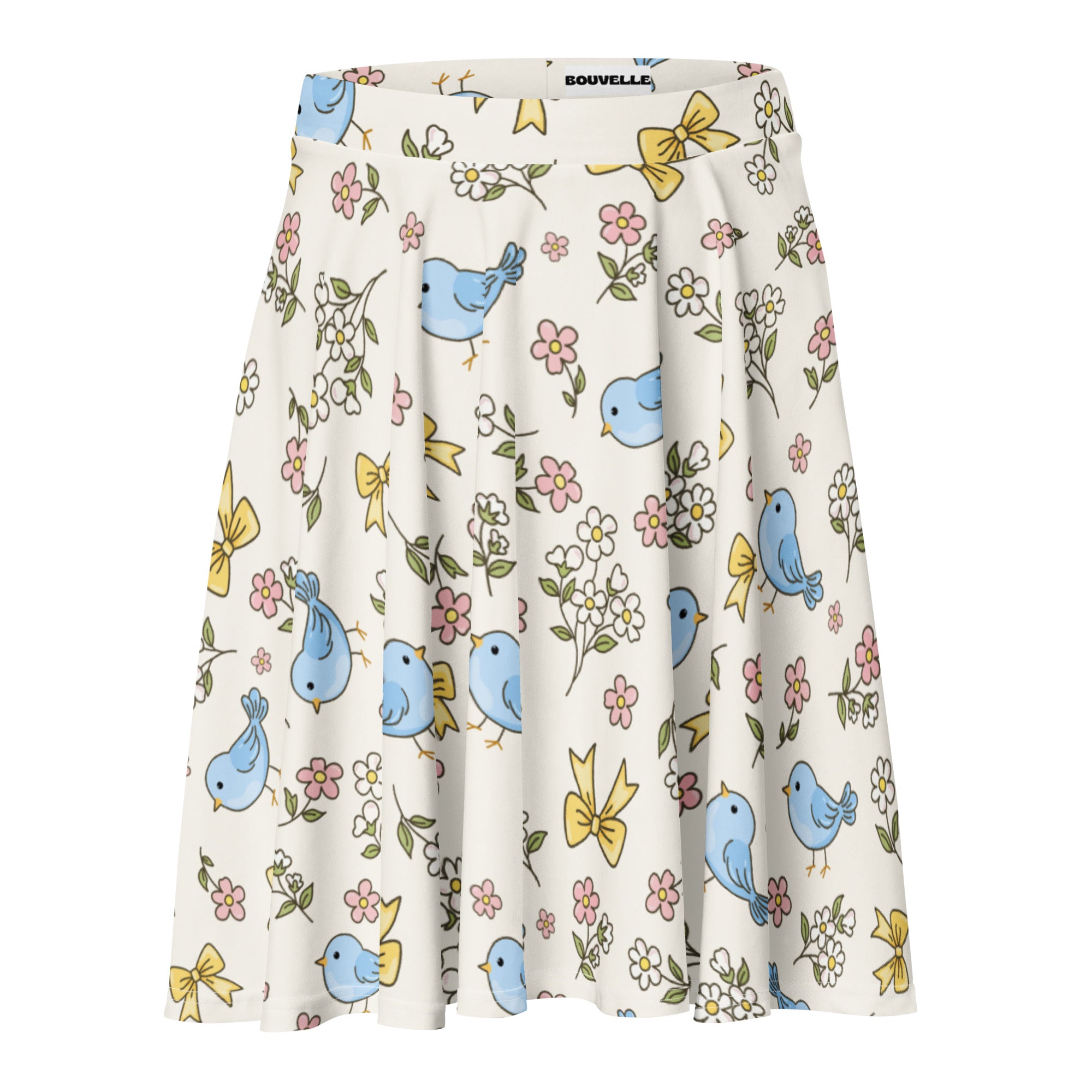 A cream-colored women’s blue bird skater skirt with pleats flowy high waisted UPF 50 plus recycled fabric