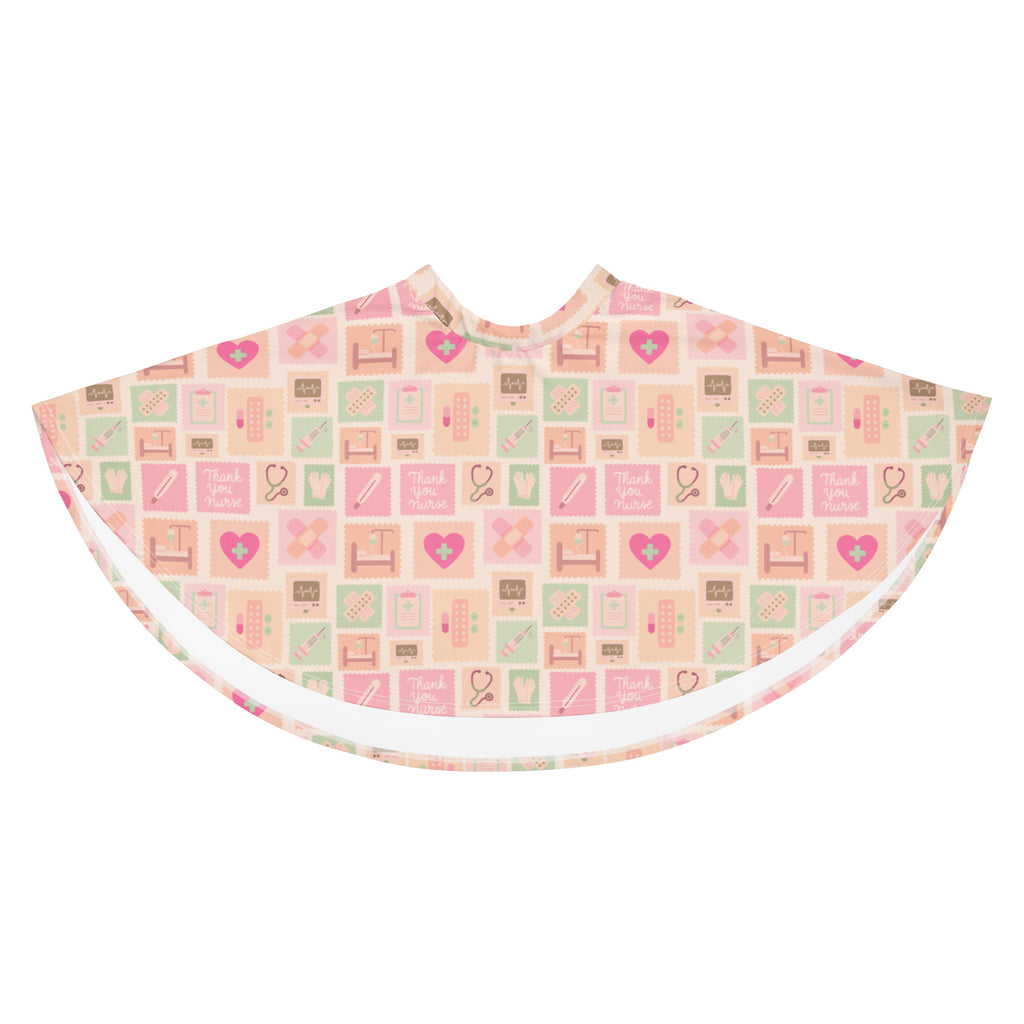 Women’s pink nurse icon skater skirt with flowy high waist, medical print cape, upf 50 plus and recycled fabric