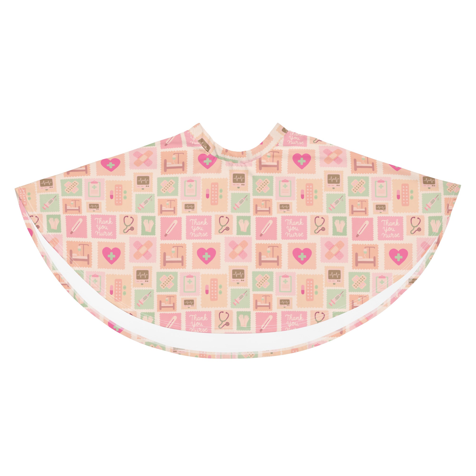 Women’s pink nurse icon skater skirt with flowy high waist, medical print cape, upf 50 plus and recycled fabric