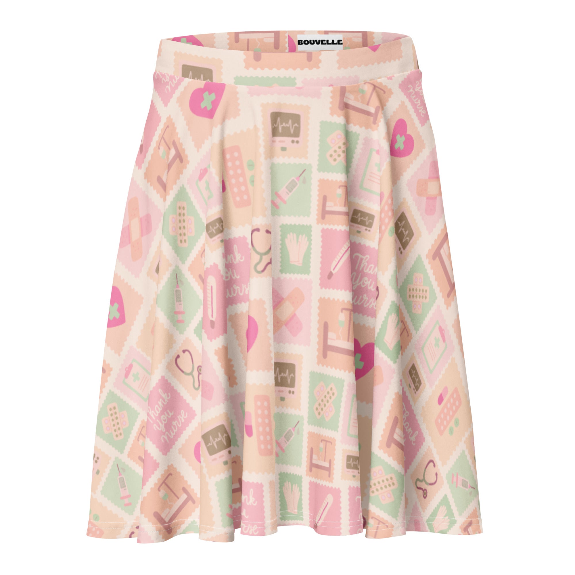 Women’s pink nurse icon skater skirt with pleats featuring a playful medical pattern in mint and pink with UPF 50+ recycled fabric