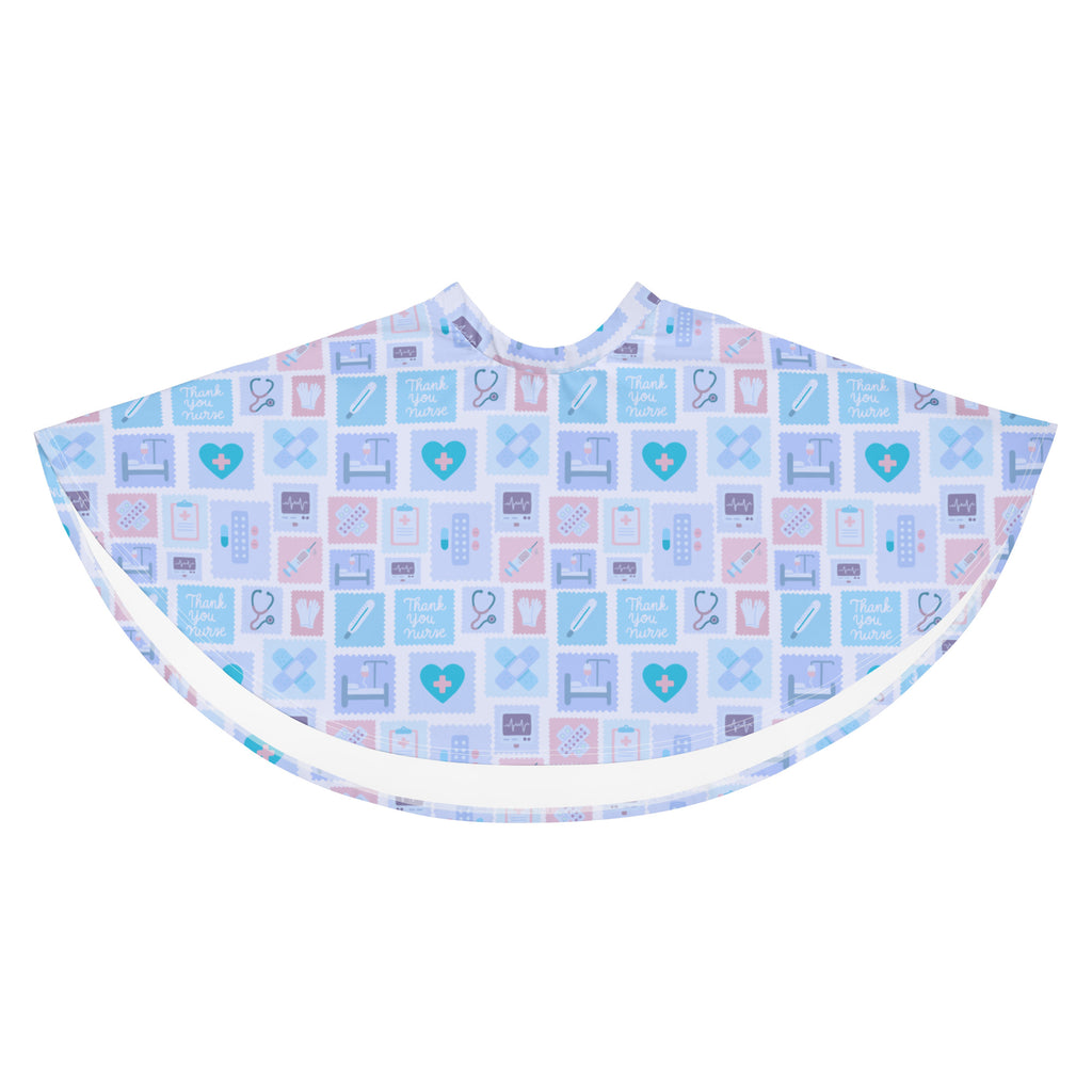 A soft pastel patterned medical bib with white trim featuring colorful stethoscope and heart icons