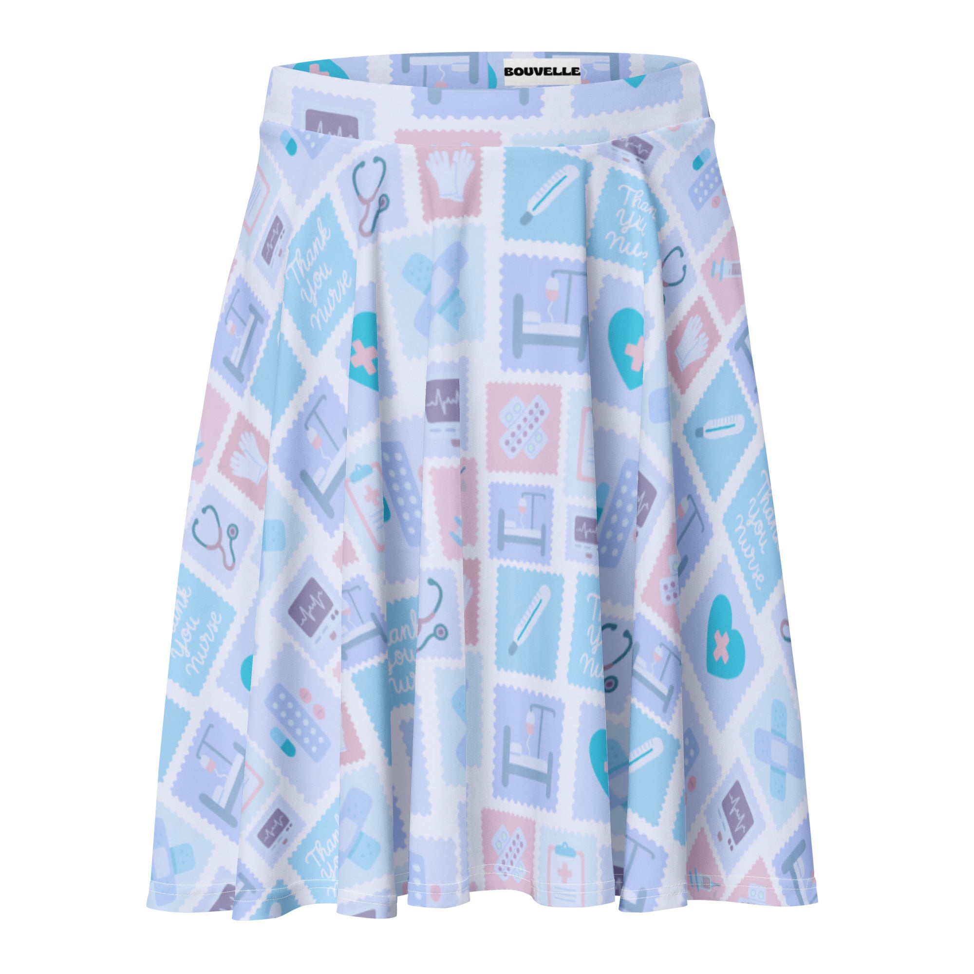 Women’s blue nurse icon white pleated skater skirt with pastel medical pattern made from recycled fabric with UPF 50+
