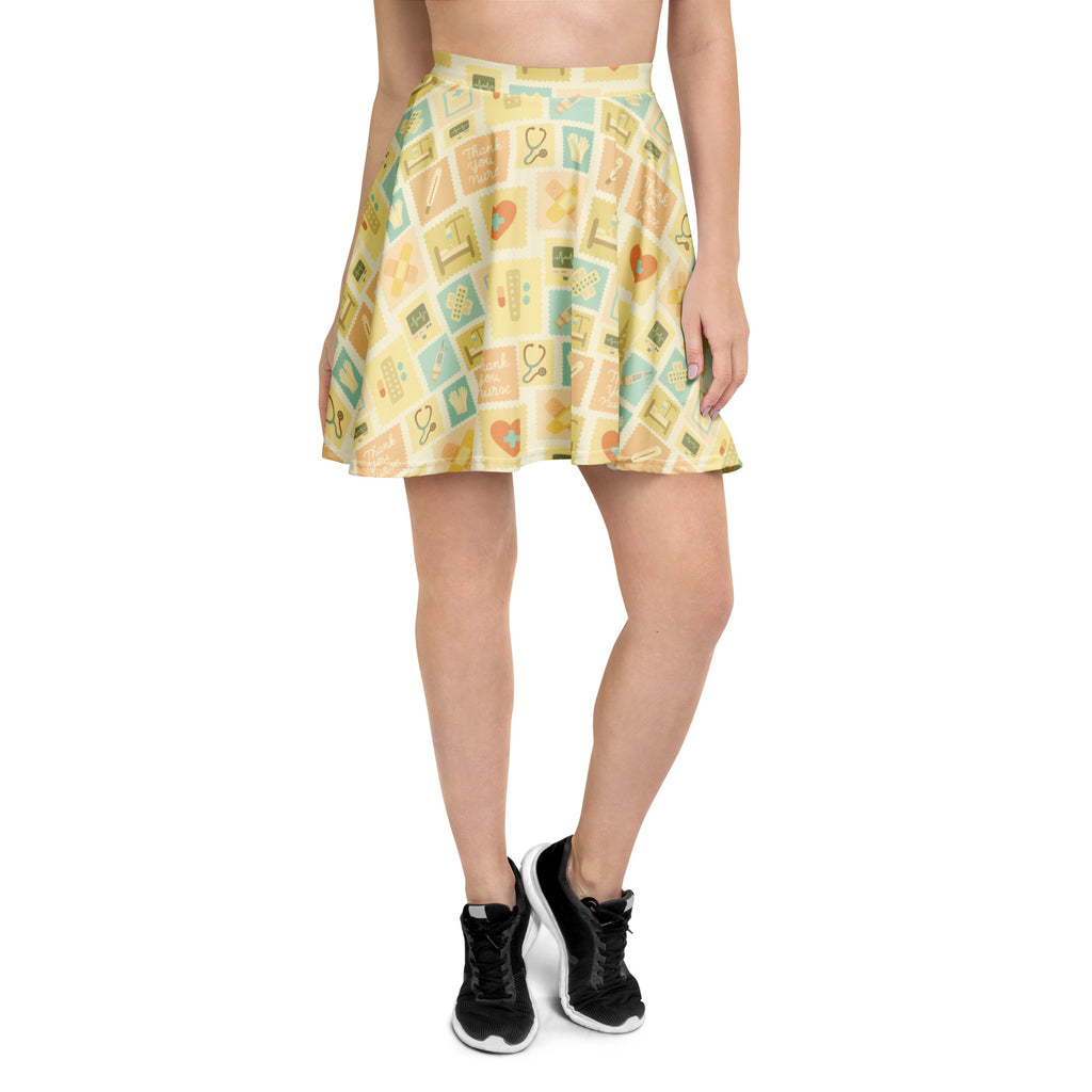 Women’s yellow nurse icon skater skirt with playful medical print flowy high waisted UPF 50 plus recycled fabric