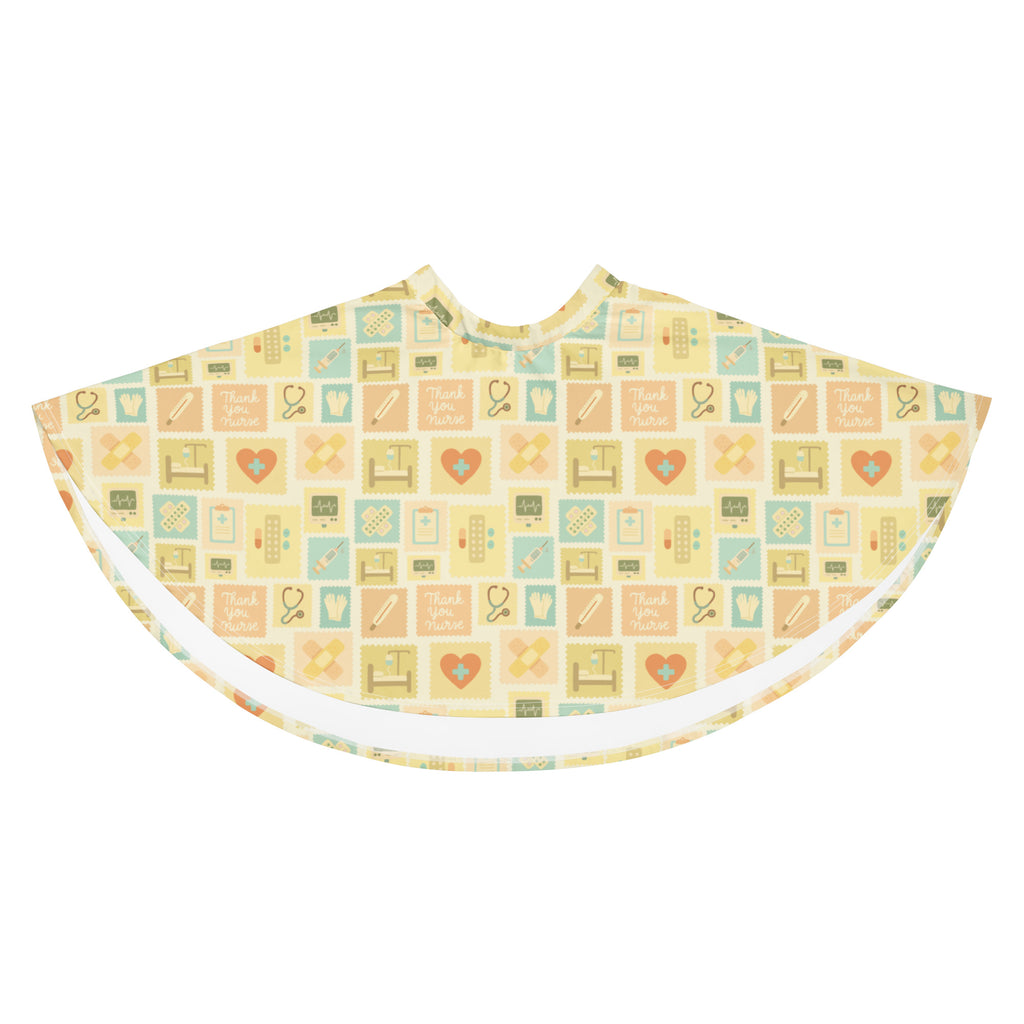 A soft pale yellow bib with a playful grid of pastel medical icons and hearts, complementing the women’s yellow nurse icon skater skirt