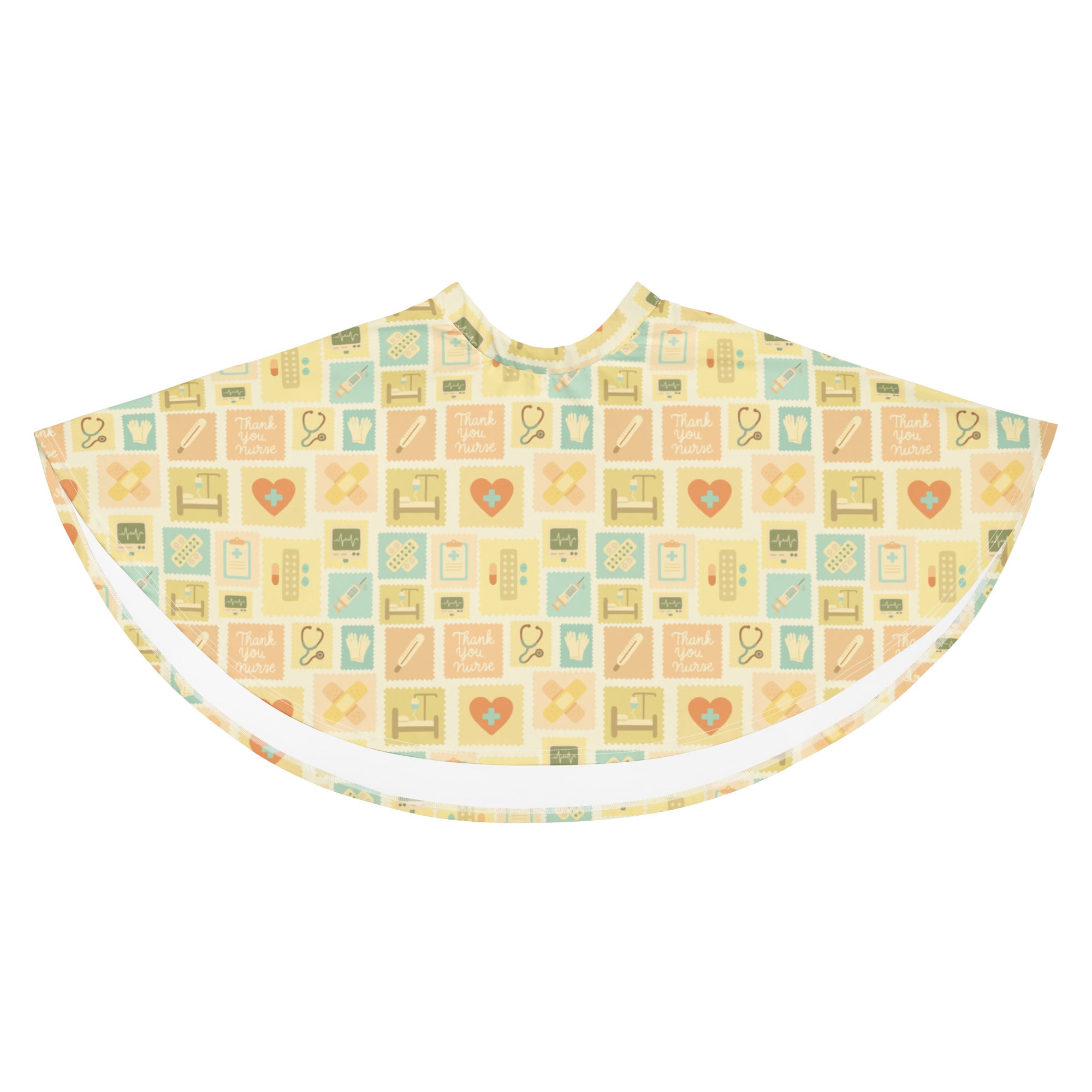 A soft pale yellow bib with a playful grid of pastel medical icons and hearts, complementing the women’s yellow nurse icon skater skirt