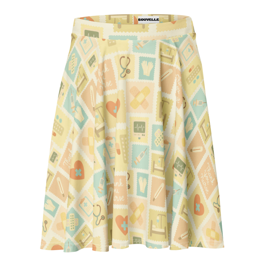 Women’s yellow nurse icon pleated skater skirt with medical print flowy high waisted upf 50 plus recycled fabric