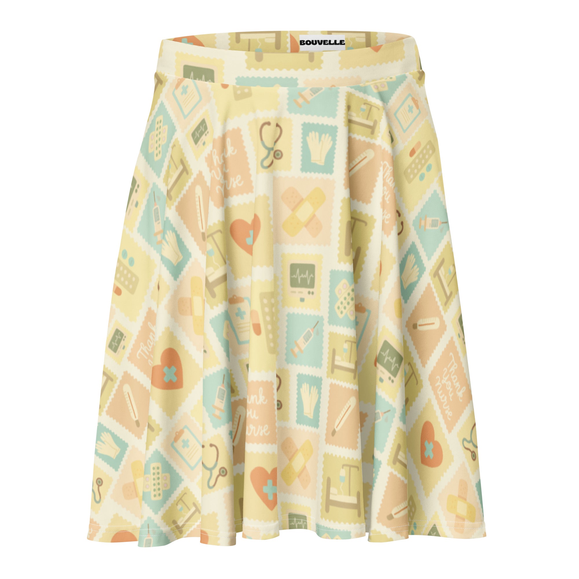 Women’s yellow nurse icon pleated skater skirt with medical print flowy high waisted upf 50 plus recycled fabric