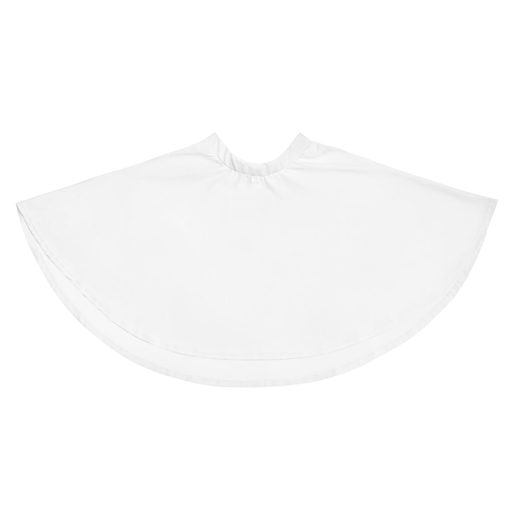 White lightweight fabric cape for hair styling made from recycled material with flowy high waisted design
