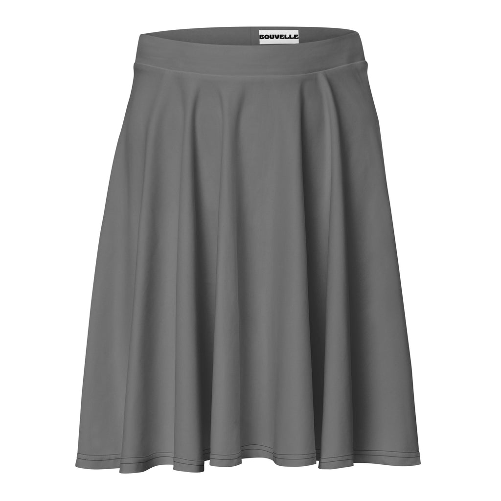 A sleek gray women’s skater skirt with pleats elastic waistband flowy silhouette upf 50 plus recycled fabric